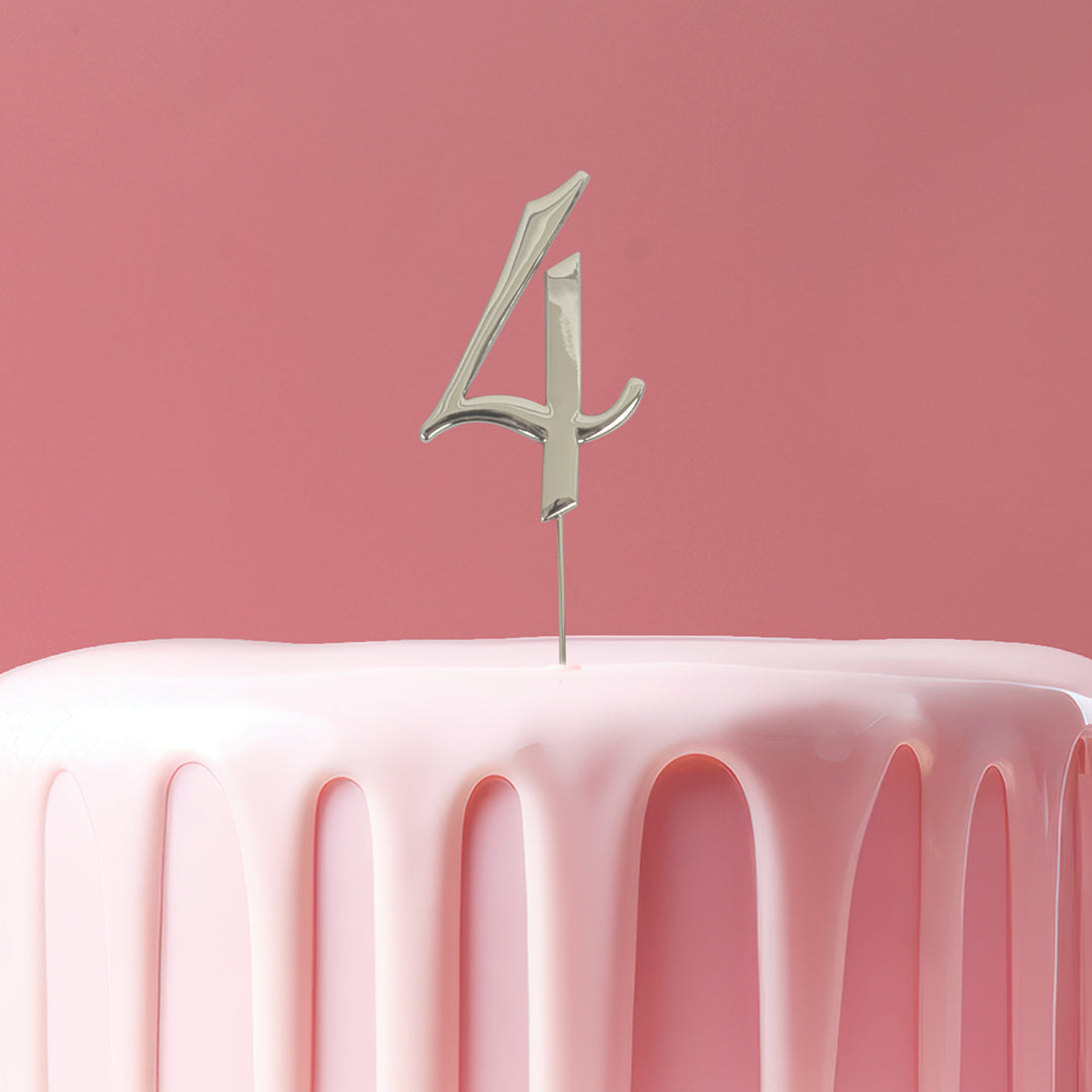 Cake & Candle Cake Topper Number 4 Silver 7cm