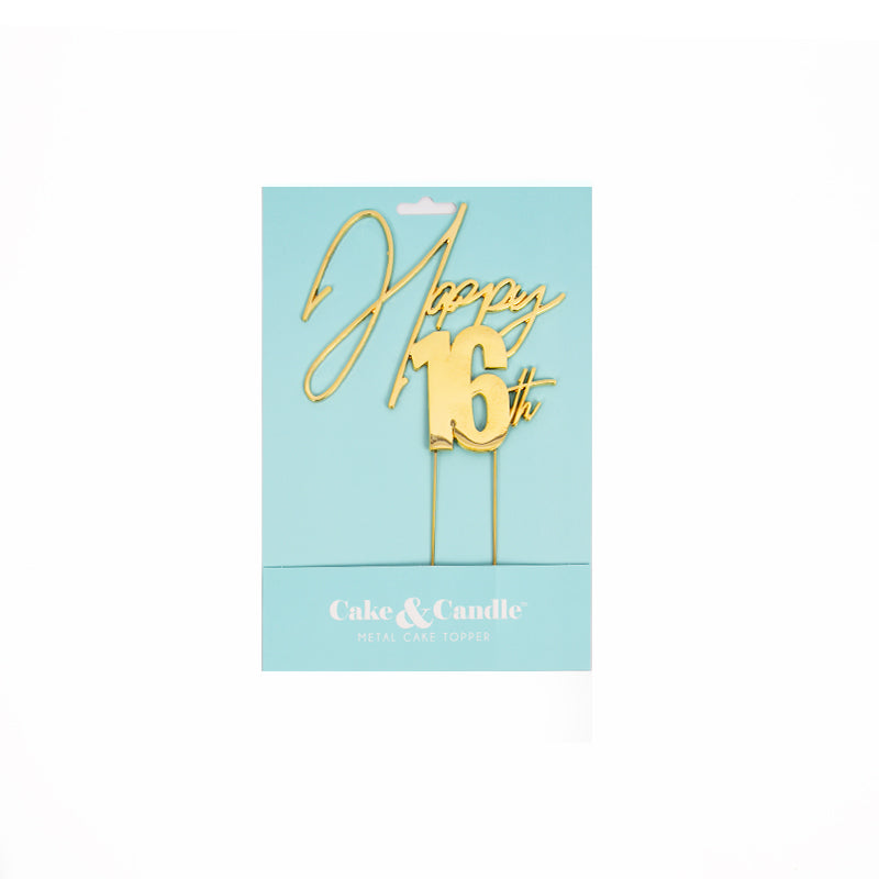 Cake & Candle Metal Cake Topper Happy 16th Gold
