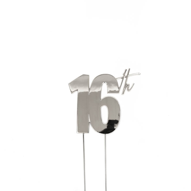 Cake & Candle Metal Cake Topper 16th Silver