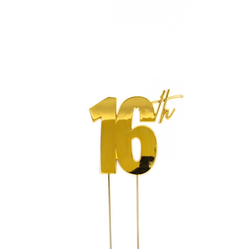 Cake & Candle Metal Cake Topper 16th Gold