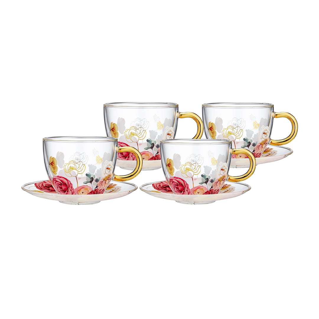 Ashdene Springtime So Double Walled Glass Cup & Saucer Set Of 4