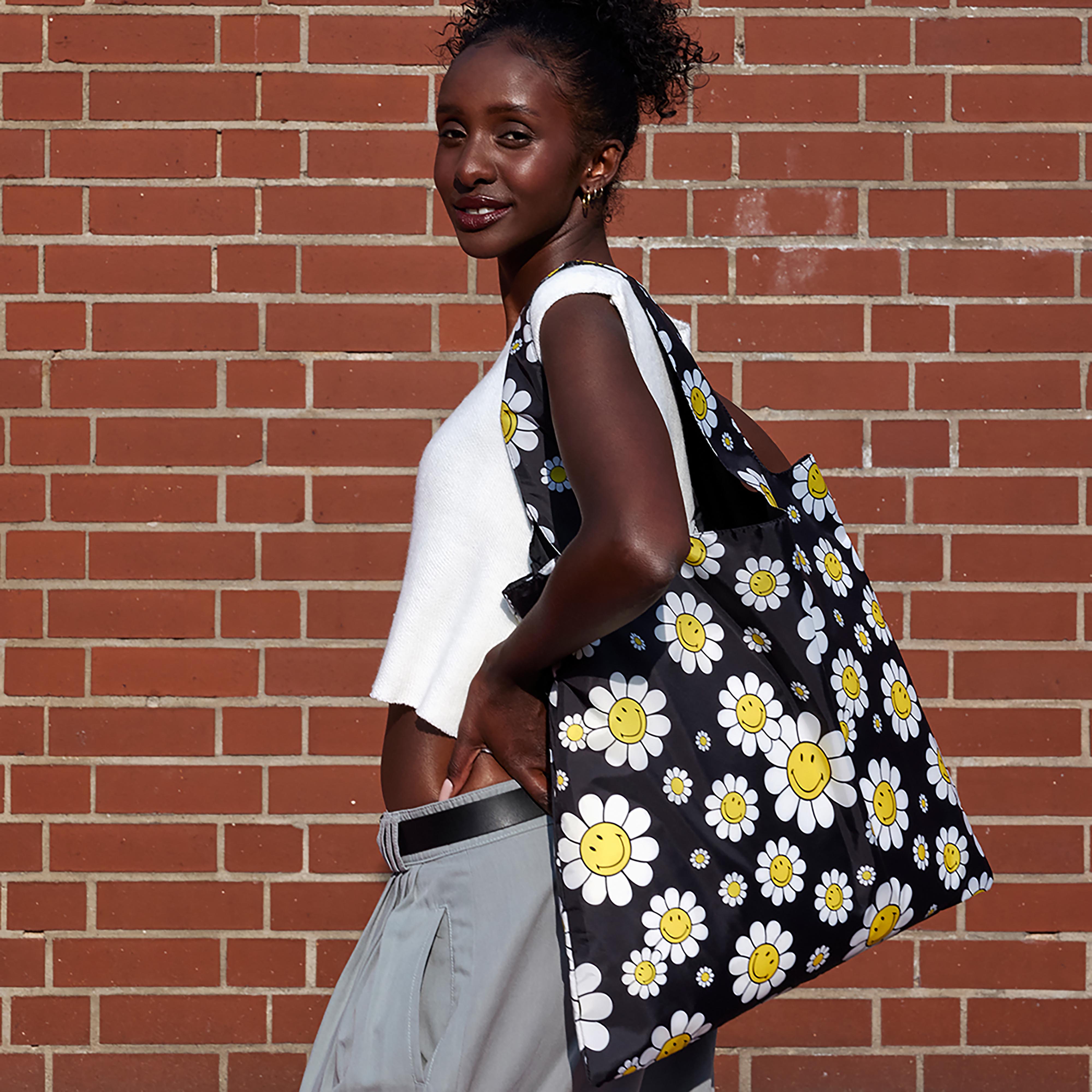 LOQI Smiley Flowers Tote Bag Black