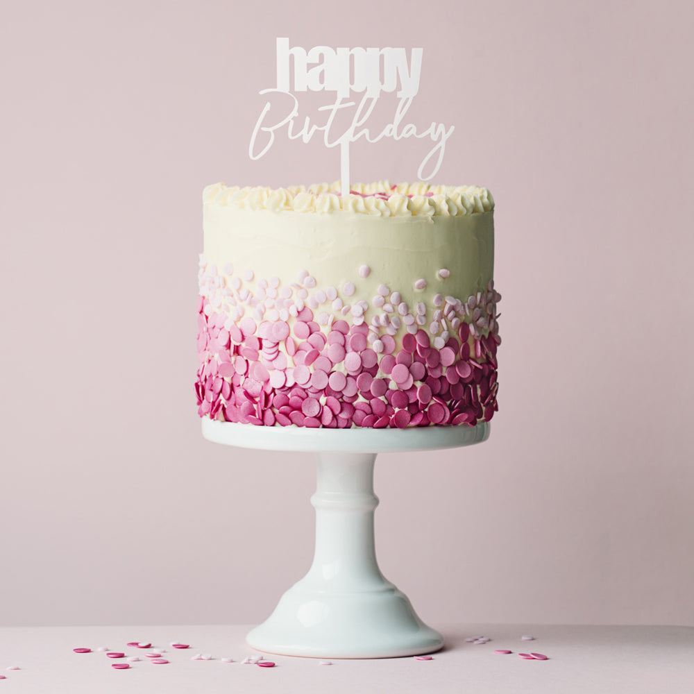 Cake & Candle Cursive Happy Birthday Cake Topper White