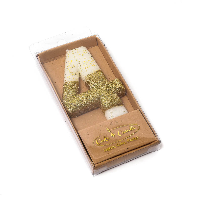 Cake & Candle Glitter Dipped Candle Number 4 Gold 8cm