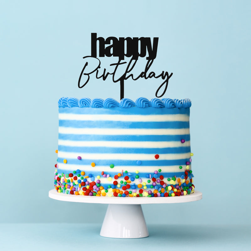 Cake & Candle Cursive Happy Birthday Cake Topper Black