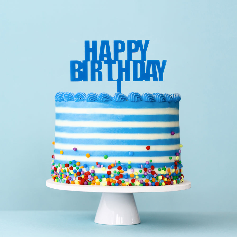 Cake & Candle Bold Happy Birthday Cake Topper Blue