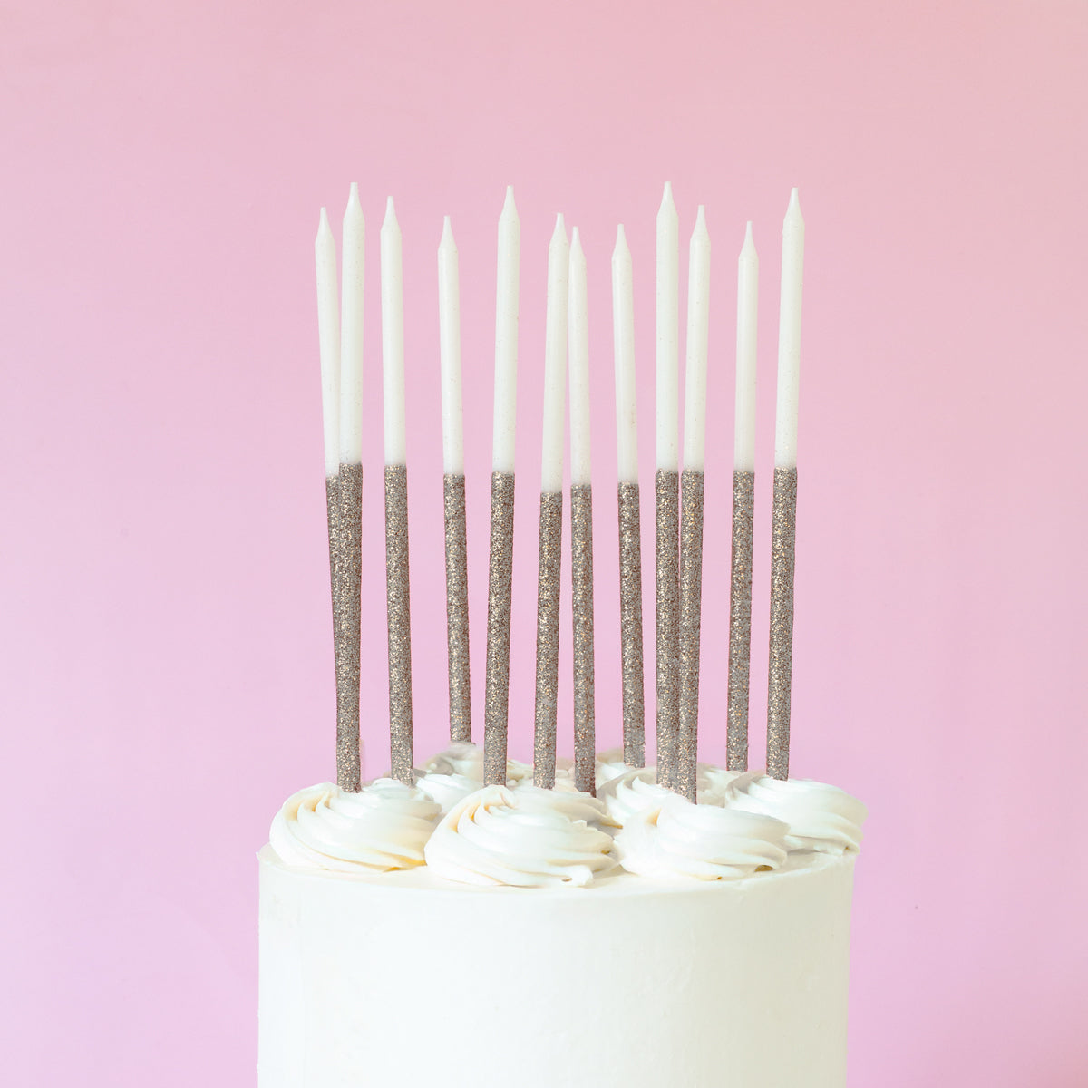 Cake & Candle Glitter Dipped Cake Candles Silver 12 Pack