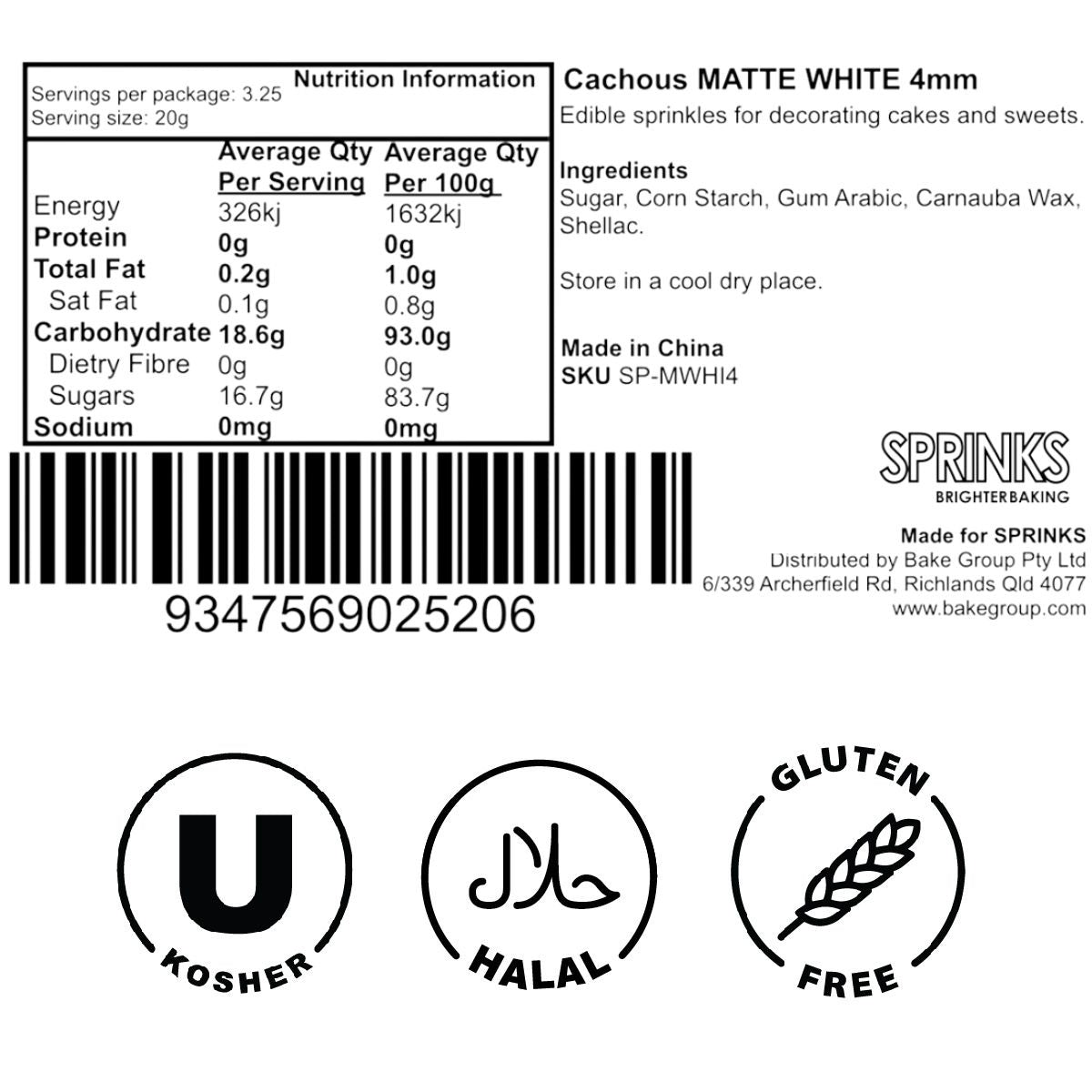 Sprinks Cachous Pearl Beads Matte White 4mm 70g