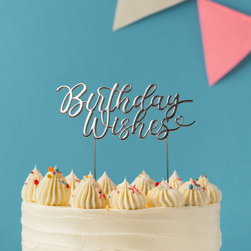 Cake & Candle Metal Cake Topper Birthday Wishes Silver
