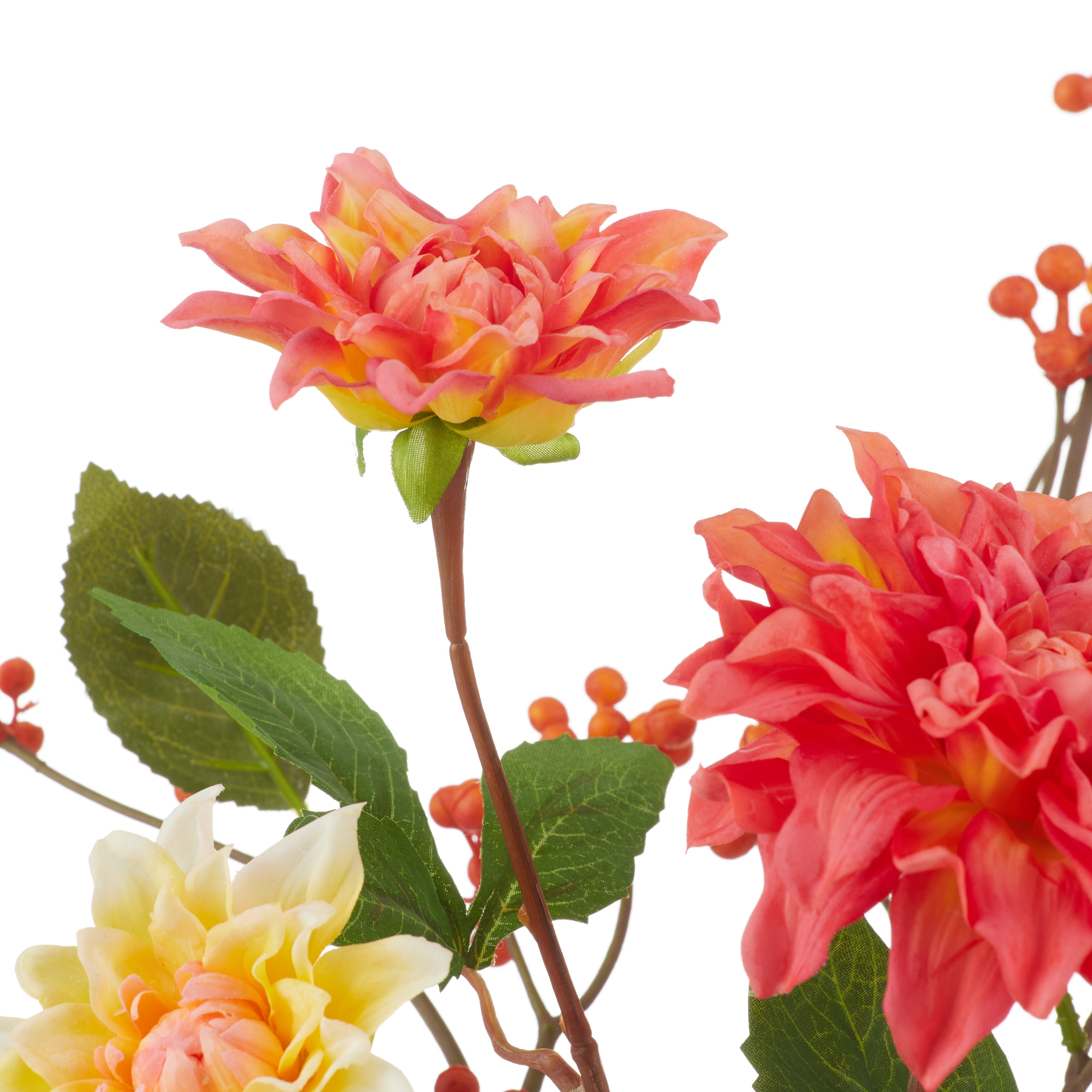 Rogue Dahlia Dewberry Mix - Clear Glass Vase Orange & Yellow