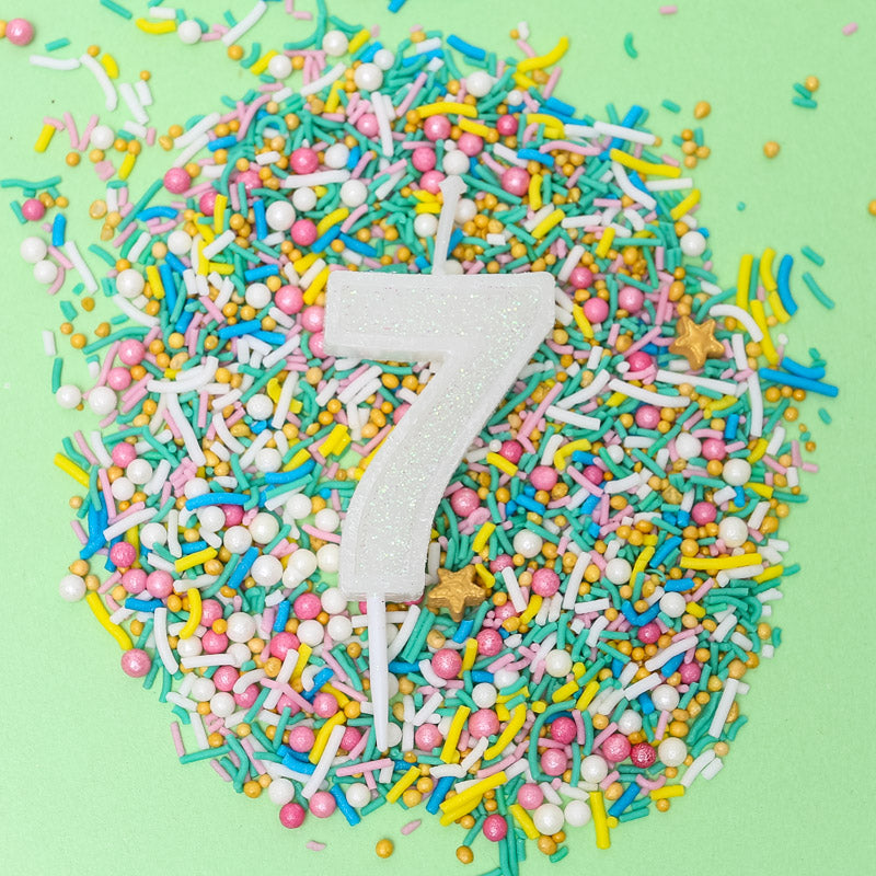 Cake & Candle Mini Glitter Candle White Number 7