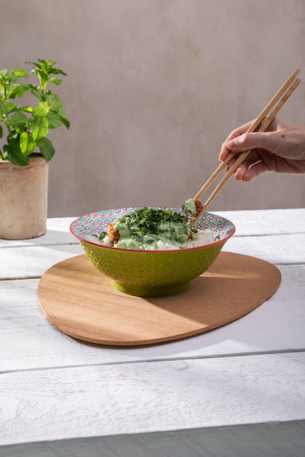 Mikasa Stoneware Ramen Bowl 21cm (Green & Blue Geometric)