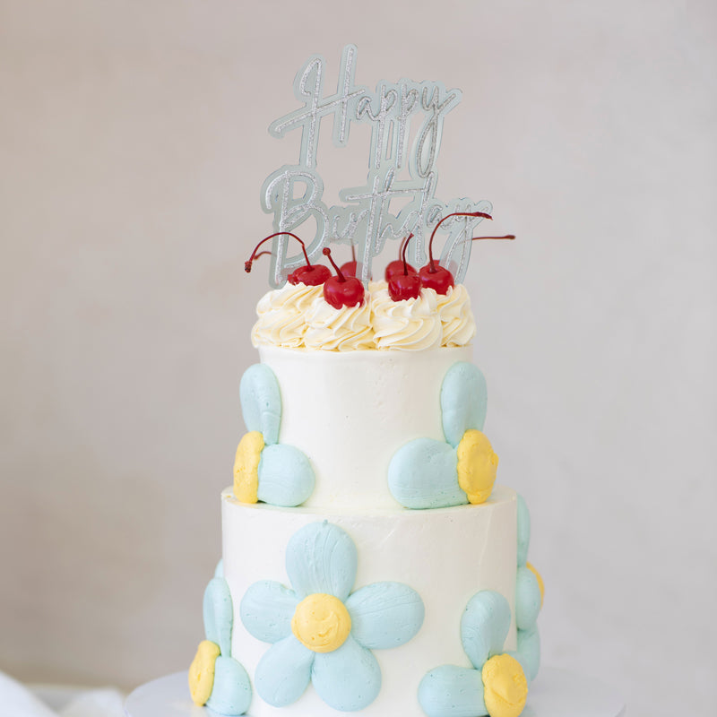 Cake & Candle Layered Cake Topper Happy Birthday Silver Light Blue
