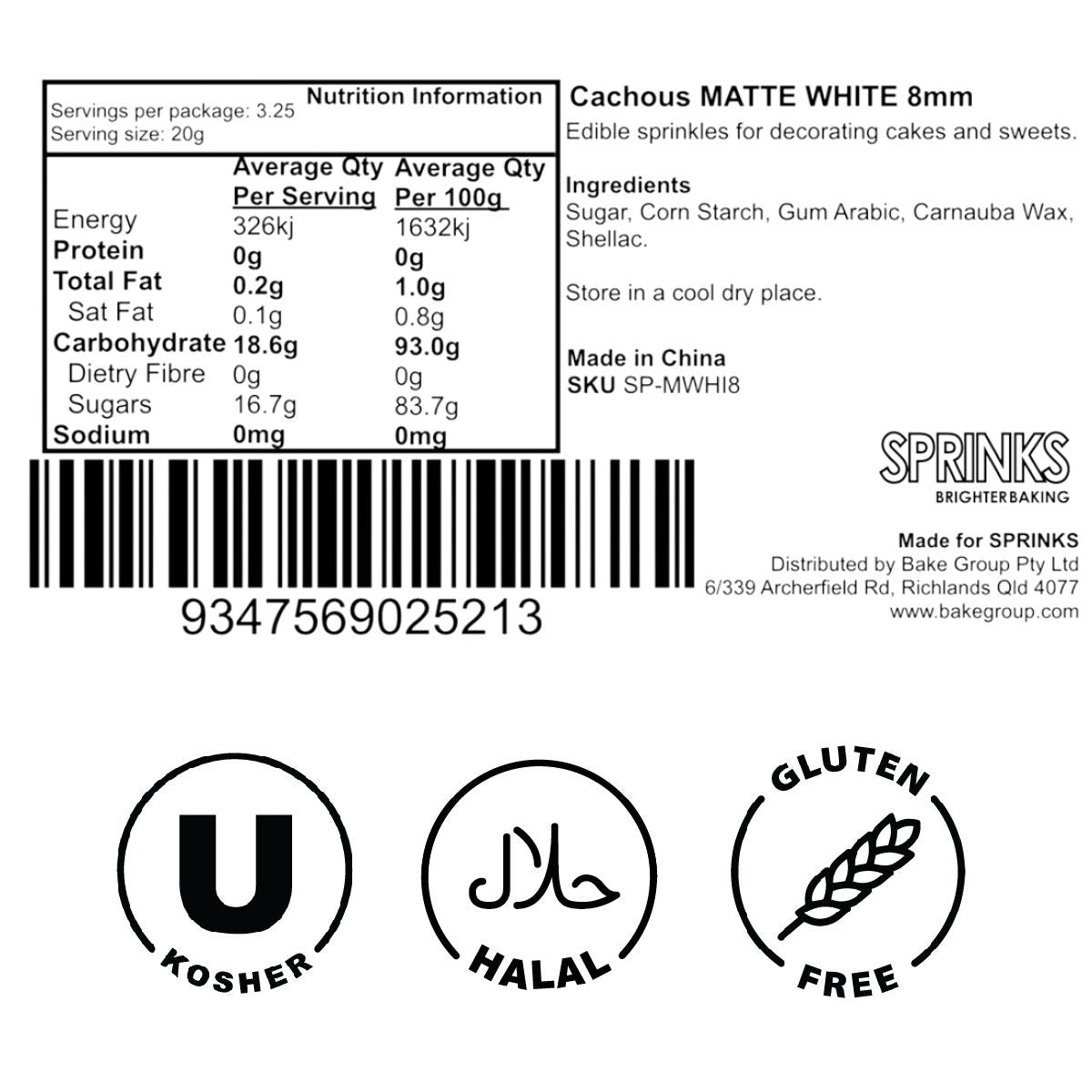 Sprinks Cachous Pearl Beads Matte White 8mm 65g