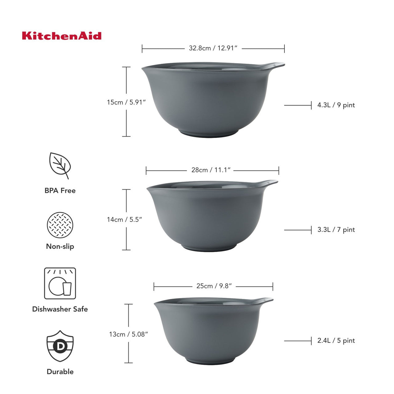 KitchenAid 3 Piece Nesting Mixing Bowl Set (Charcoal Grey)