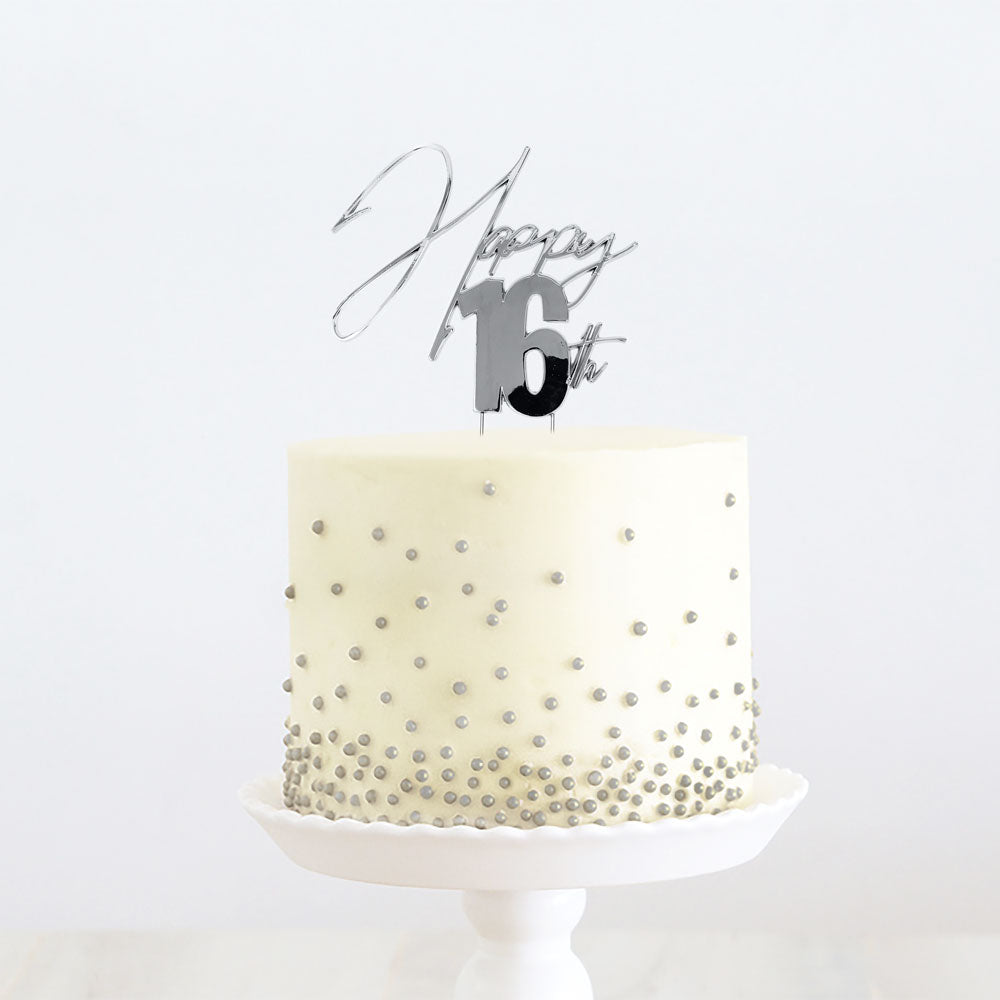 Cake & Candle Metal Cake Topper Happy 16th Silver