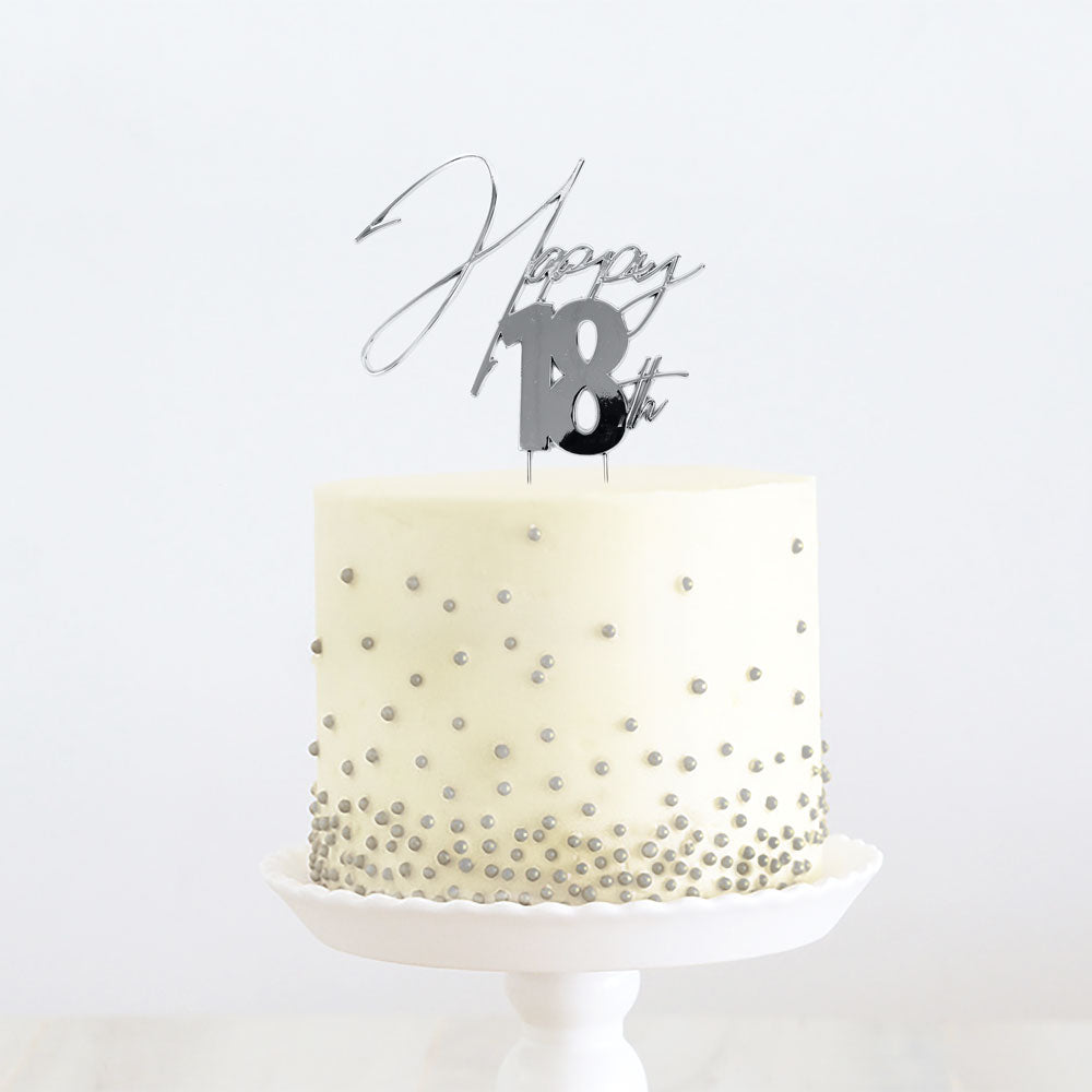Cake & Candle Metal Cake Topper Happy 18th Silver