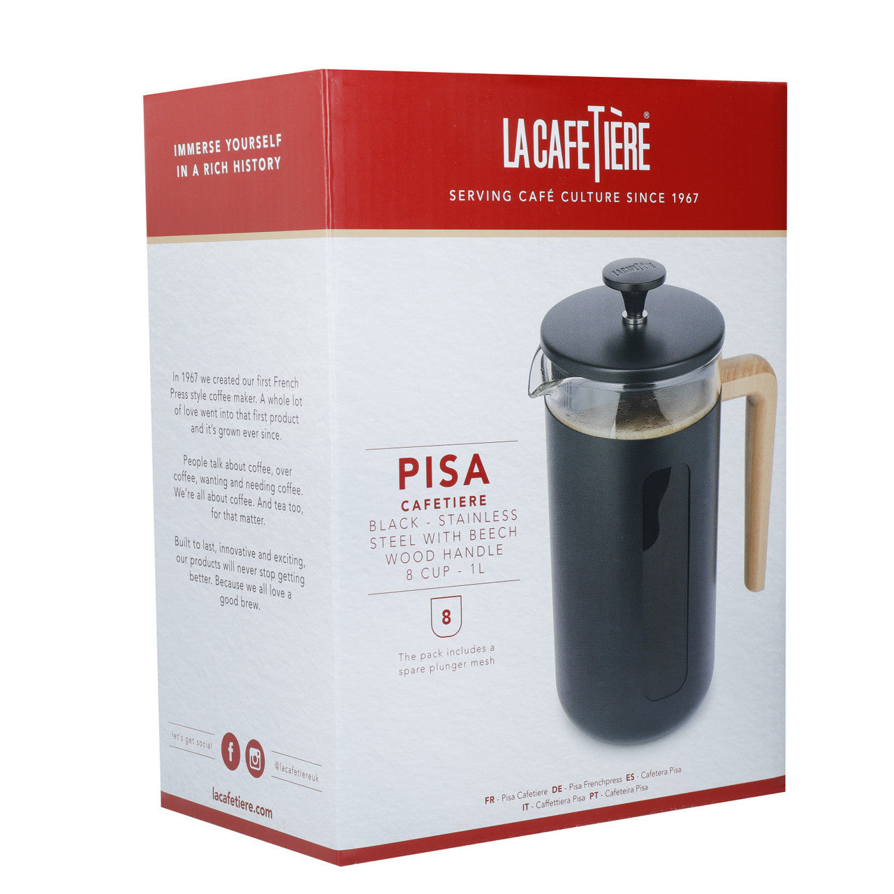 La Cafetière Pisa Stainless Steel Cafetière 8 Cup / 1L (Black)