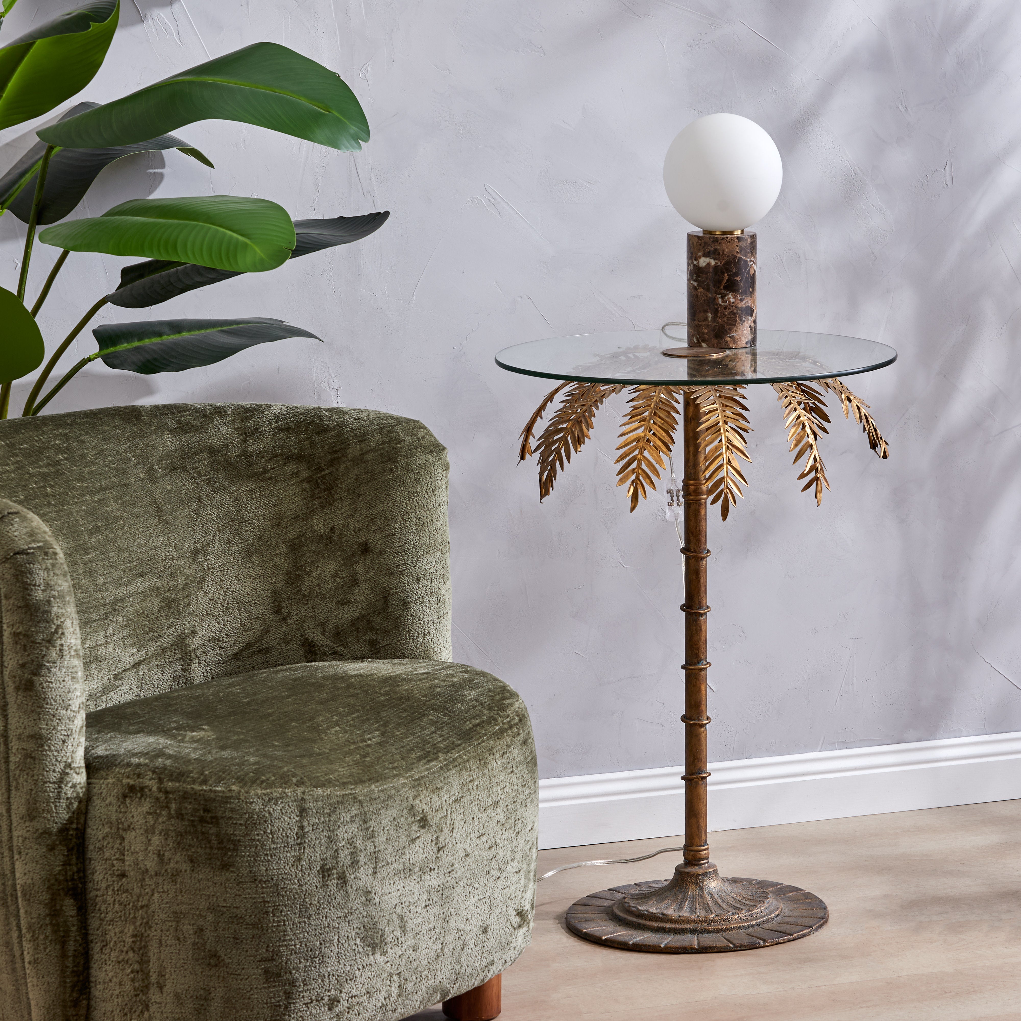 Amalfi Palm Tree Side Table Gold & Clear