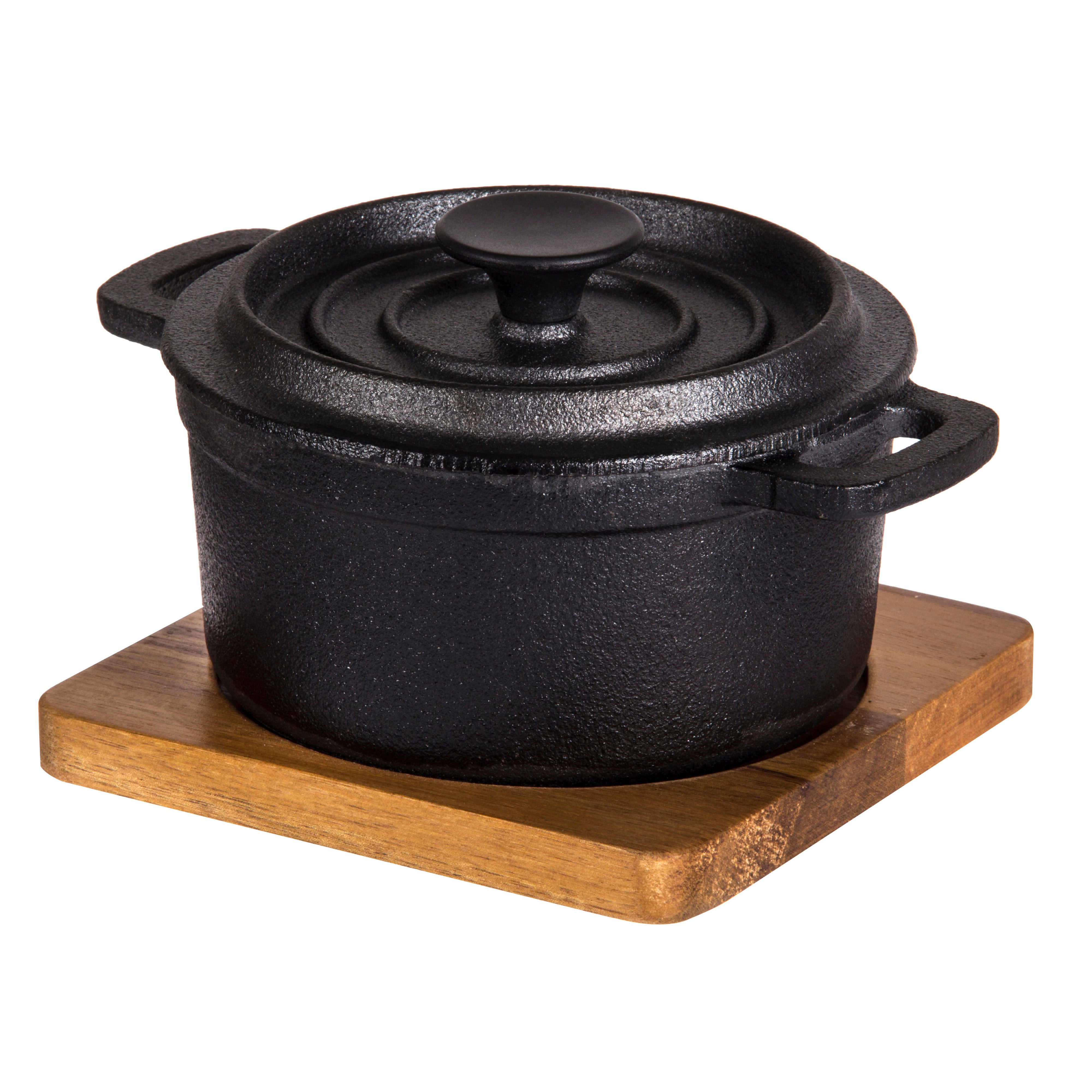 Davis & Waddell Fine Foods Cast Iron Pot with Lid & Acacia Trivet Black & Natural