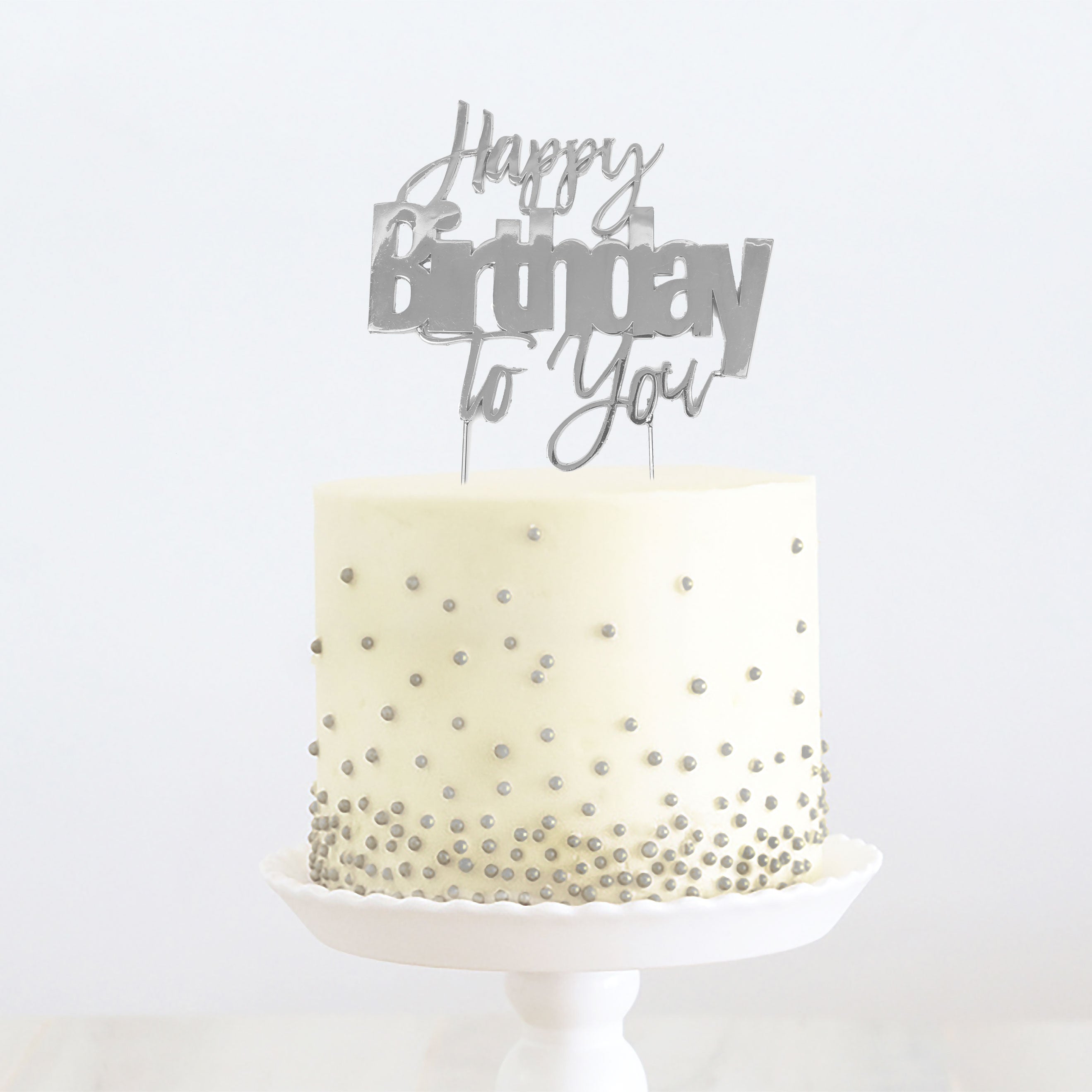Cake & Candle Metal Cake Topper Happy Birthday to You Silver