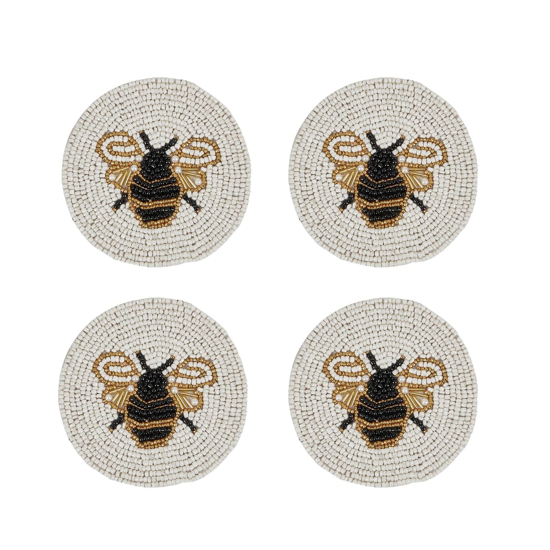 Assemble Bee Set of 4 Beaded Coaster White/Gold/Black