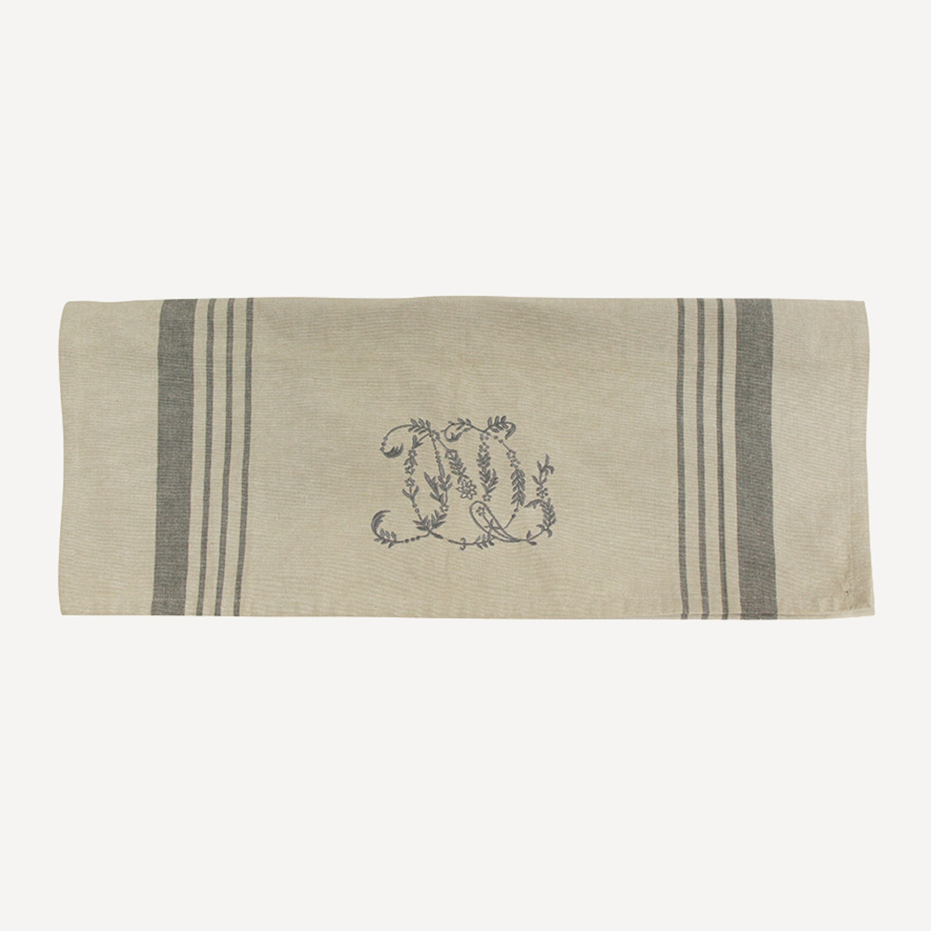 French Country Monogram Tea Towel Natural with Grey Stripe