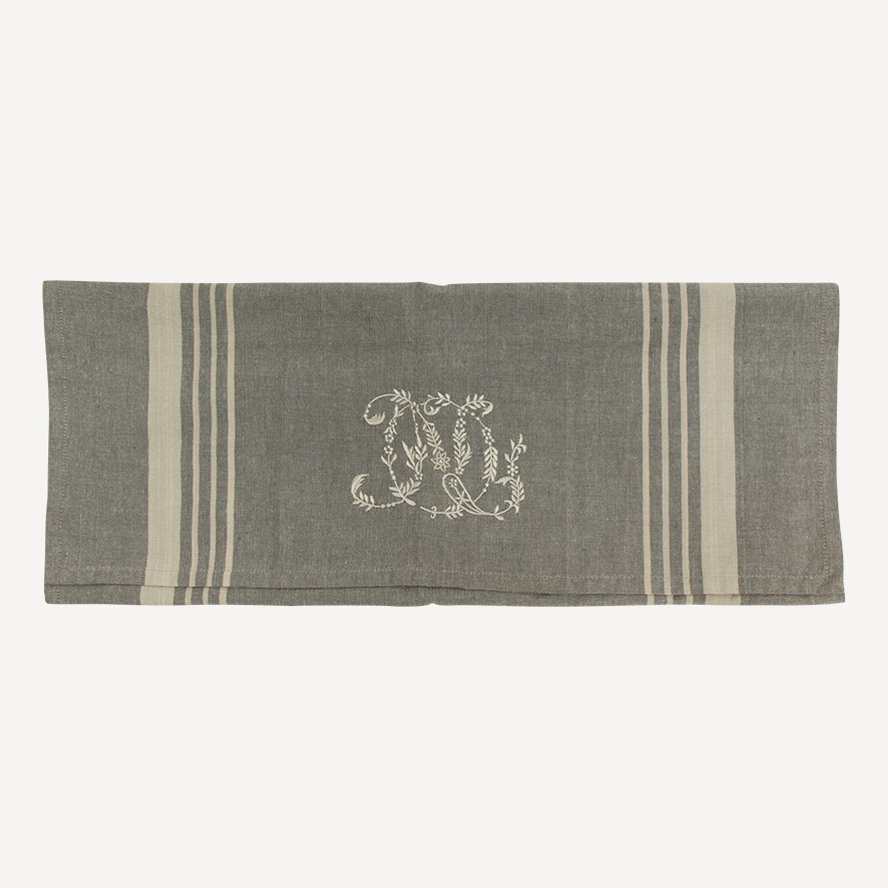 French Country Monogram Tea Towel Grey with Natural Stripe