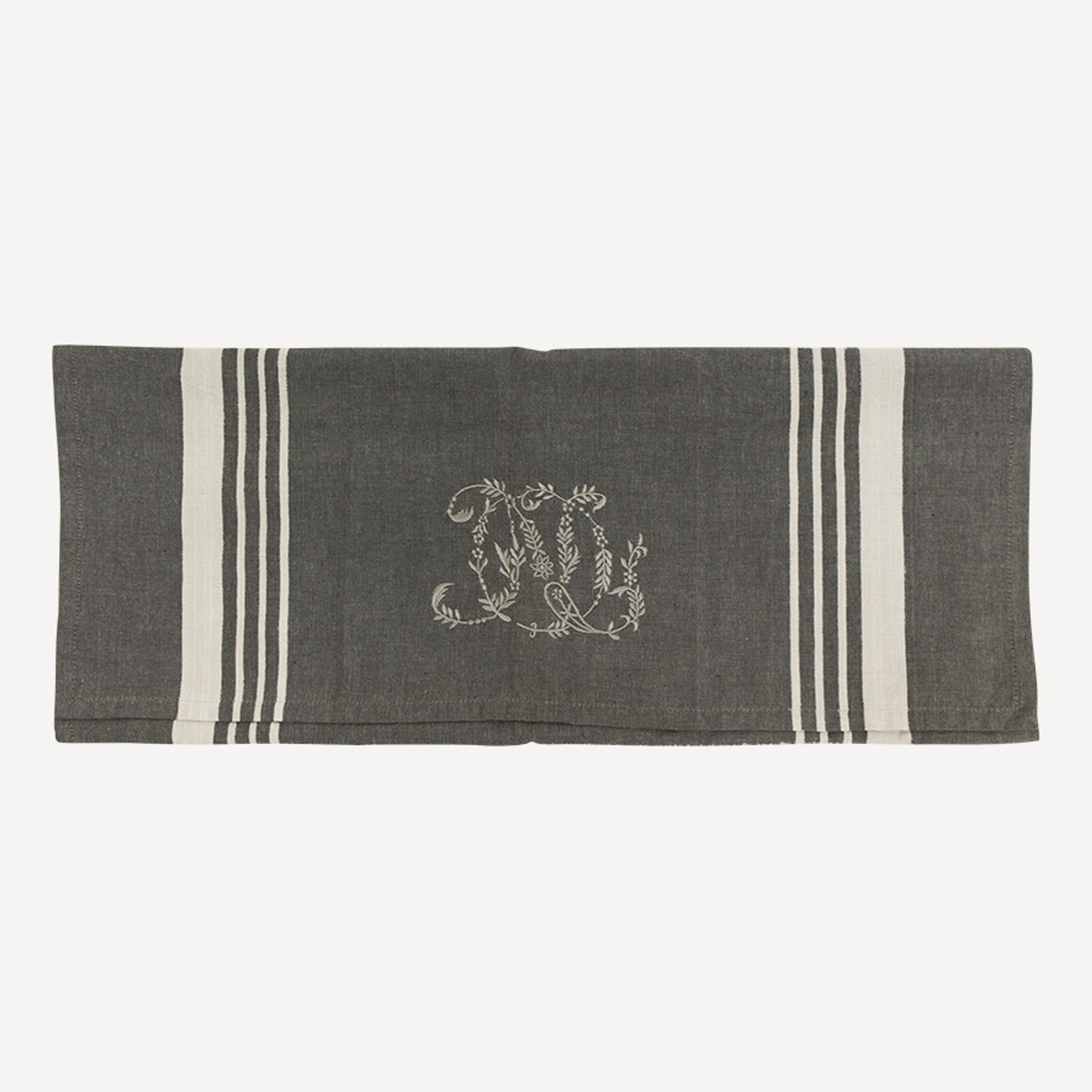 French Country Monogram Tea Towel Charcoal with White Stripe