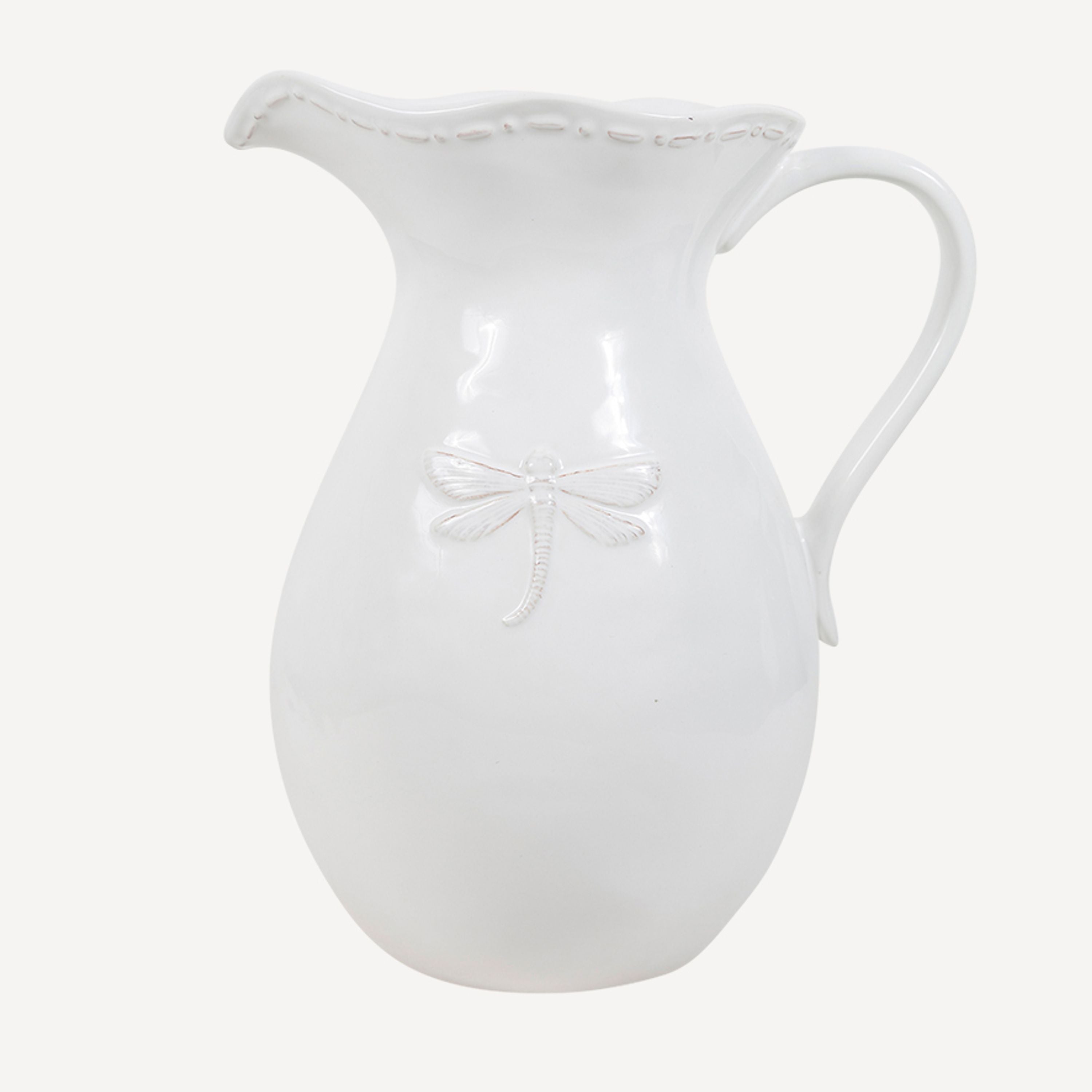 French Country Dragonfly Stoneware White Jug Large