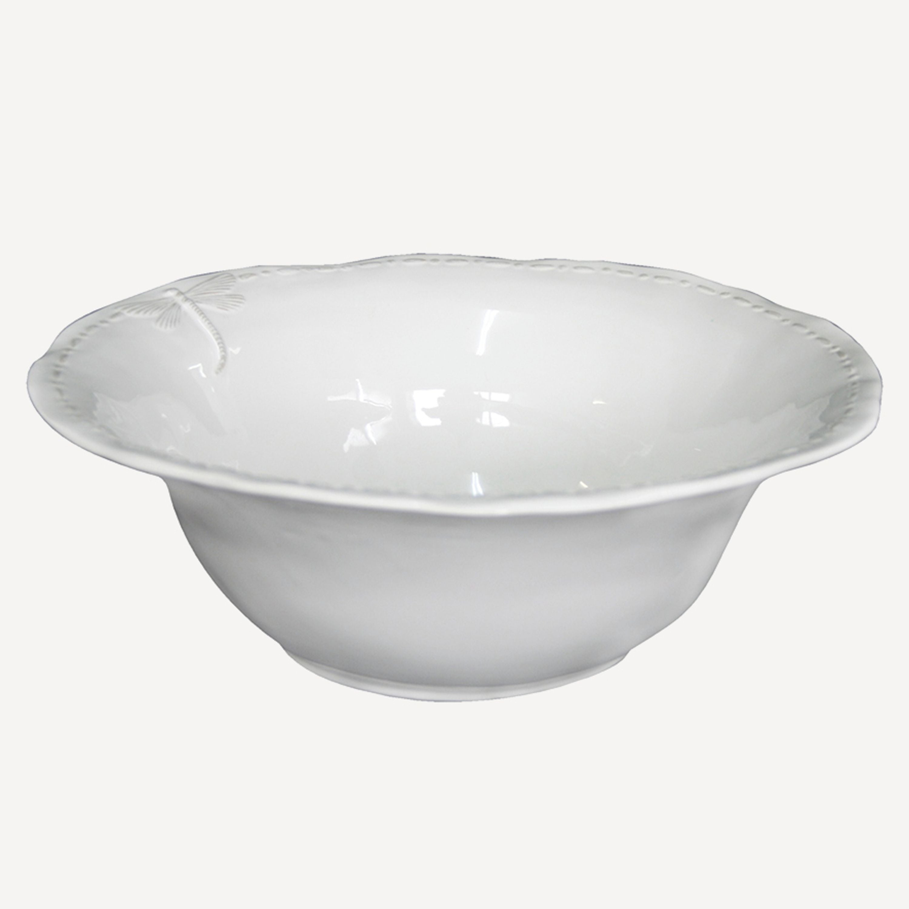 French Country Dragonfly Stoneware White Salad Bowl Large