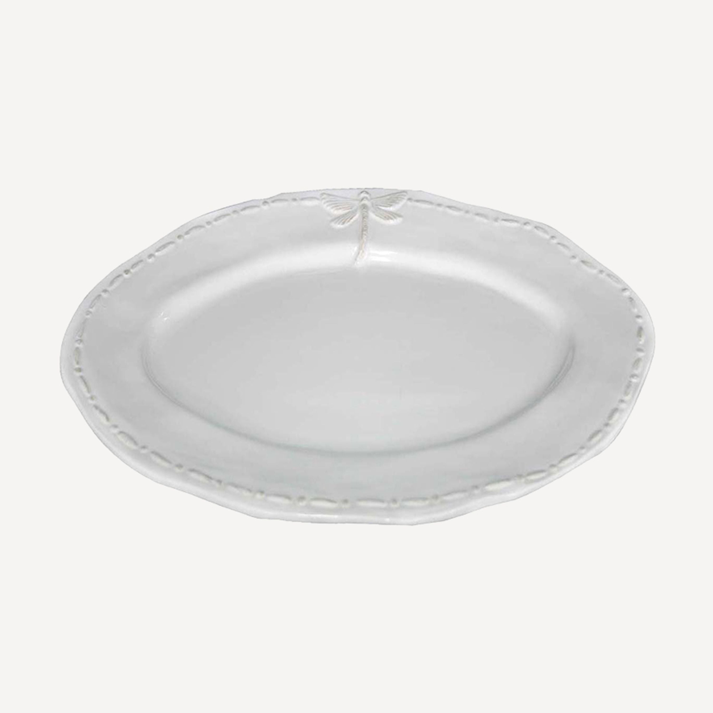 French Country Dragonfly Stoneware White Oval Platter Small