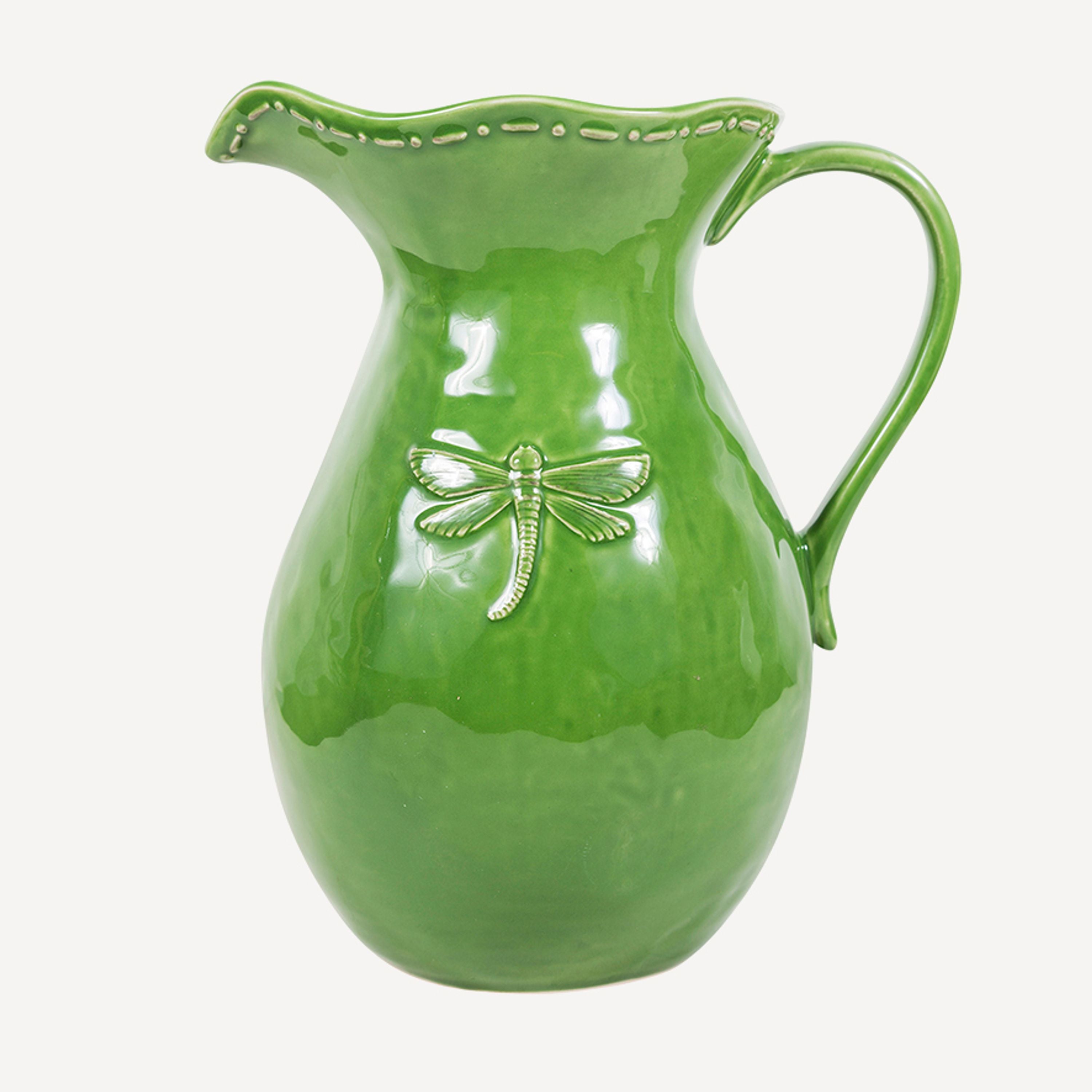 French Country Dragonfly Stoneware Green Jug Large