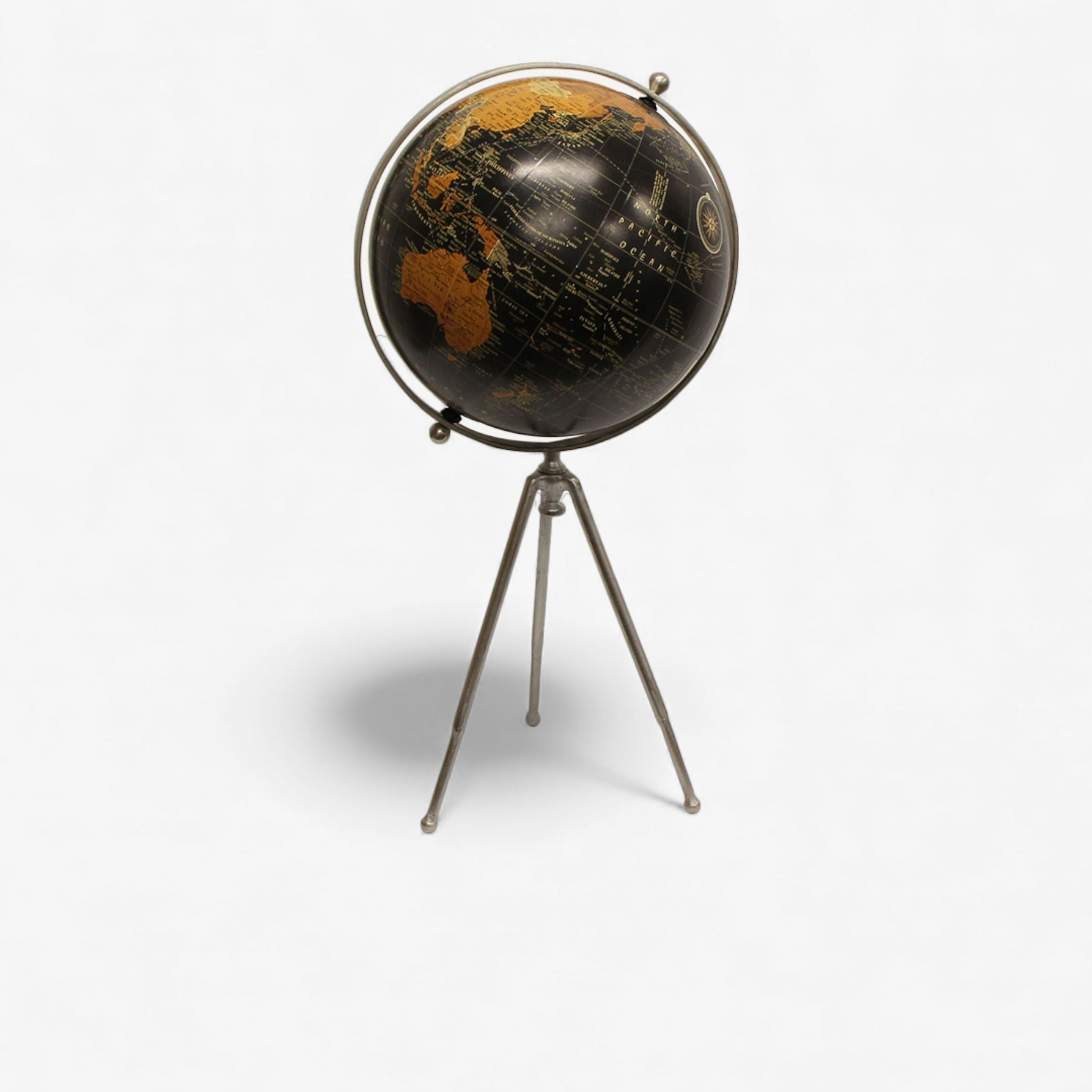 French Country Large Black Globe on Stem Tripod Stand