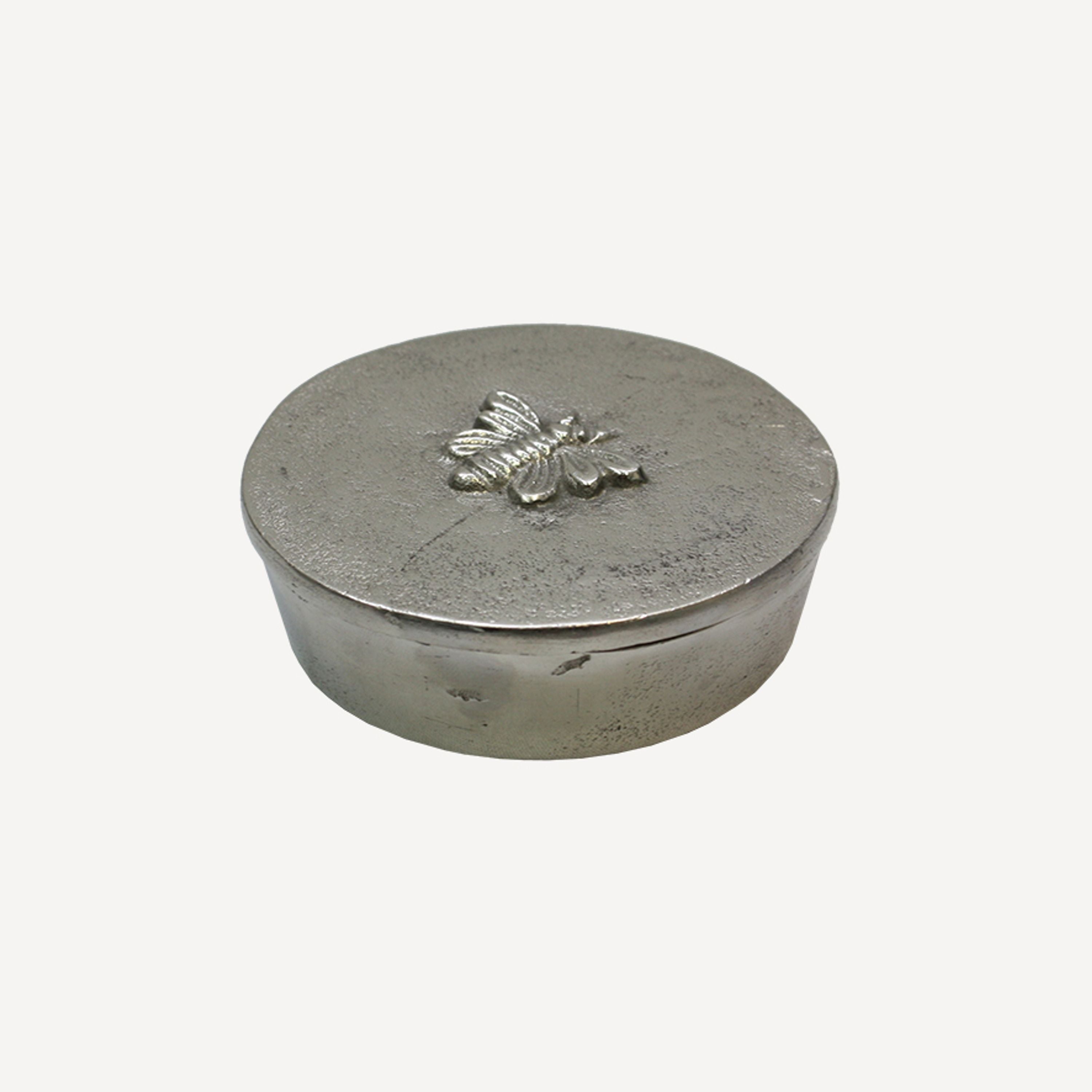 French Country Round Silver Box with Bee Design