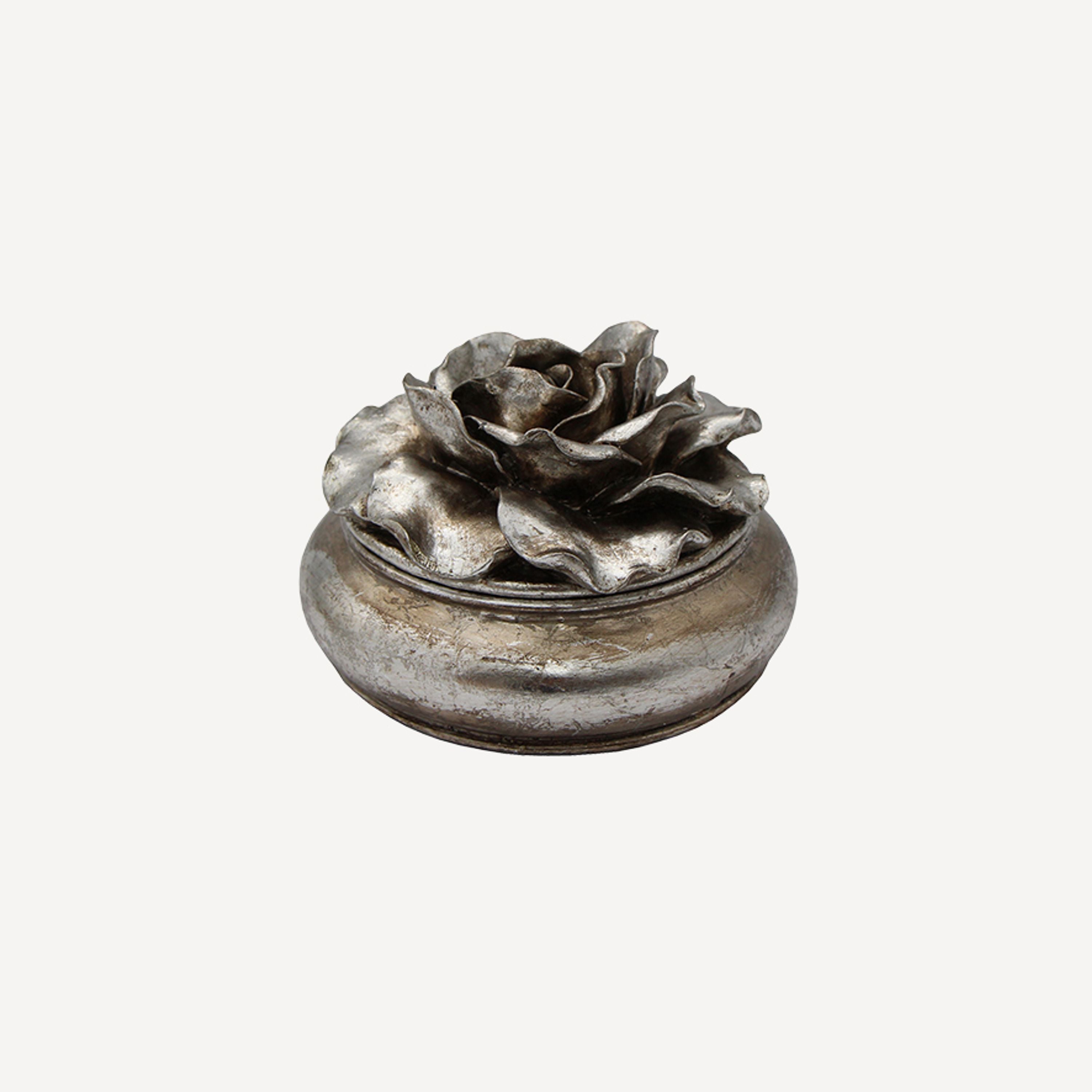 French Country Camelia Large Round Trinket Box Pewter Finish