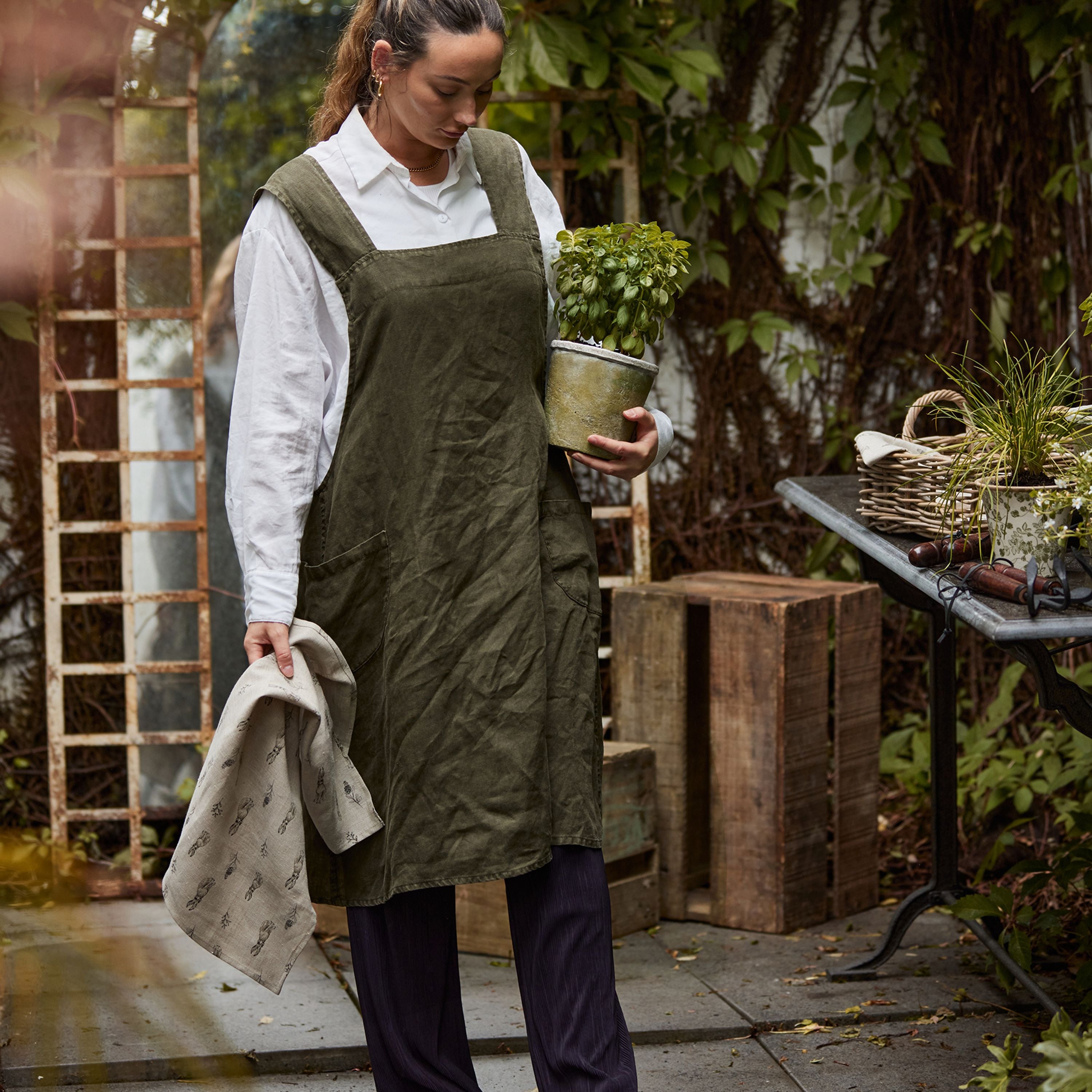 French Country Cross Back Apron Army Green Stonewashed Linen