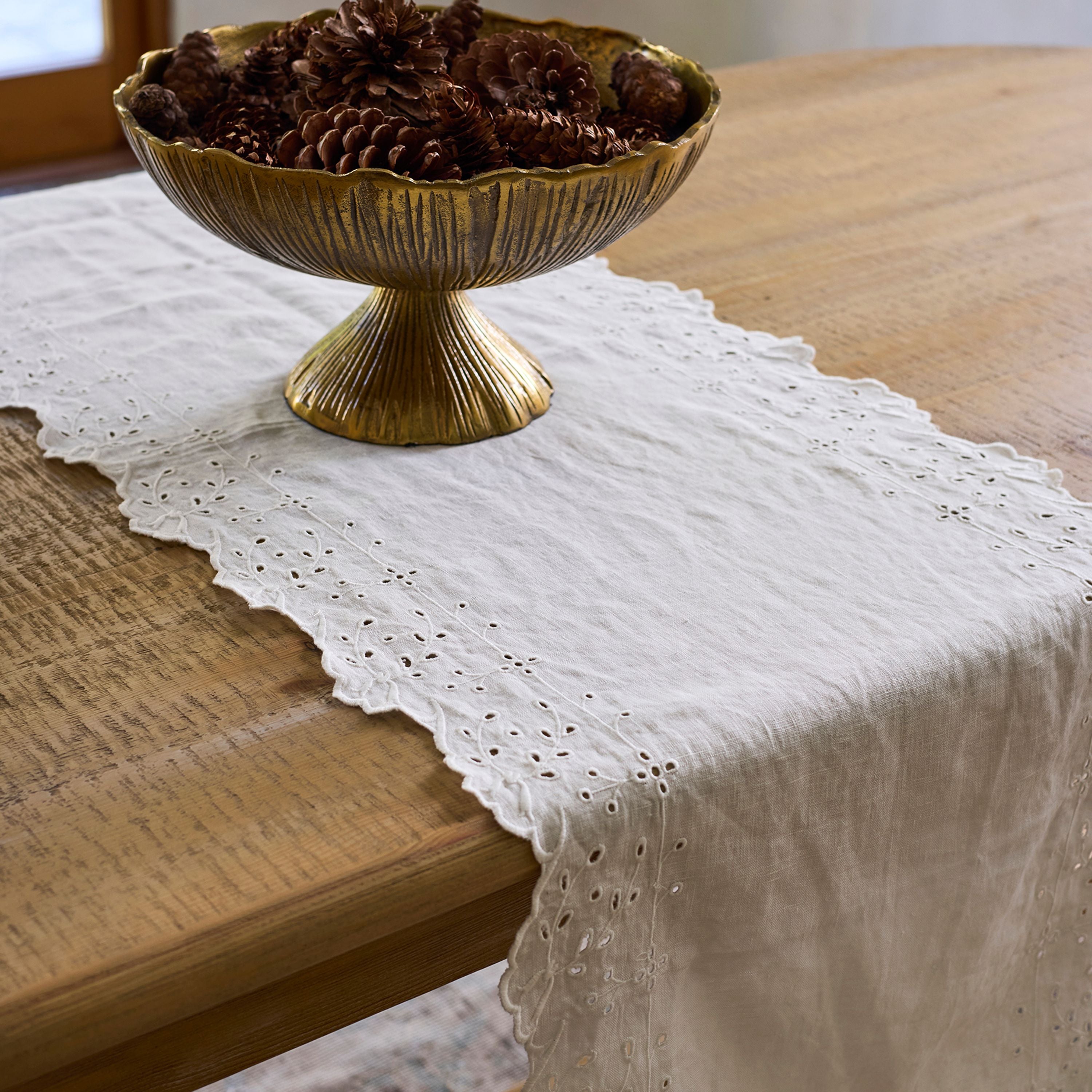 French Country Embroidered Table Runner White