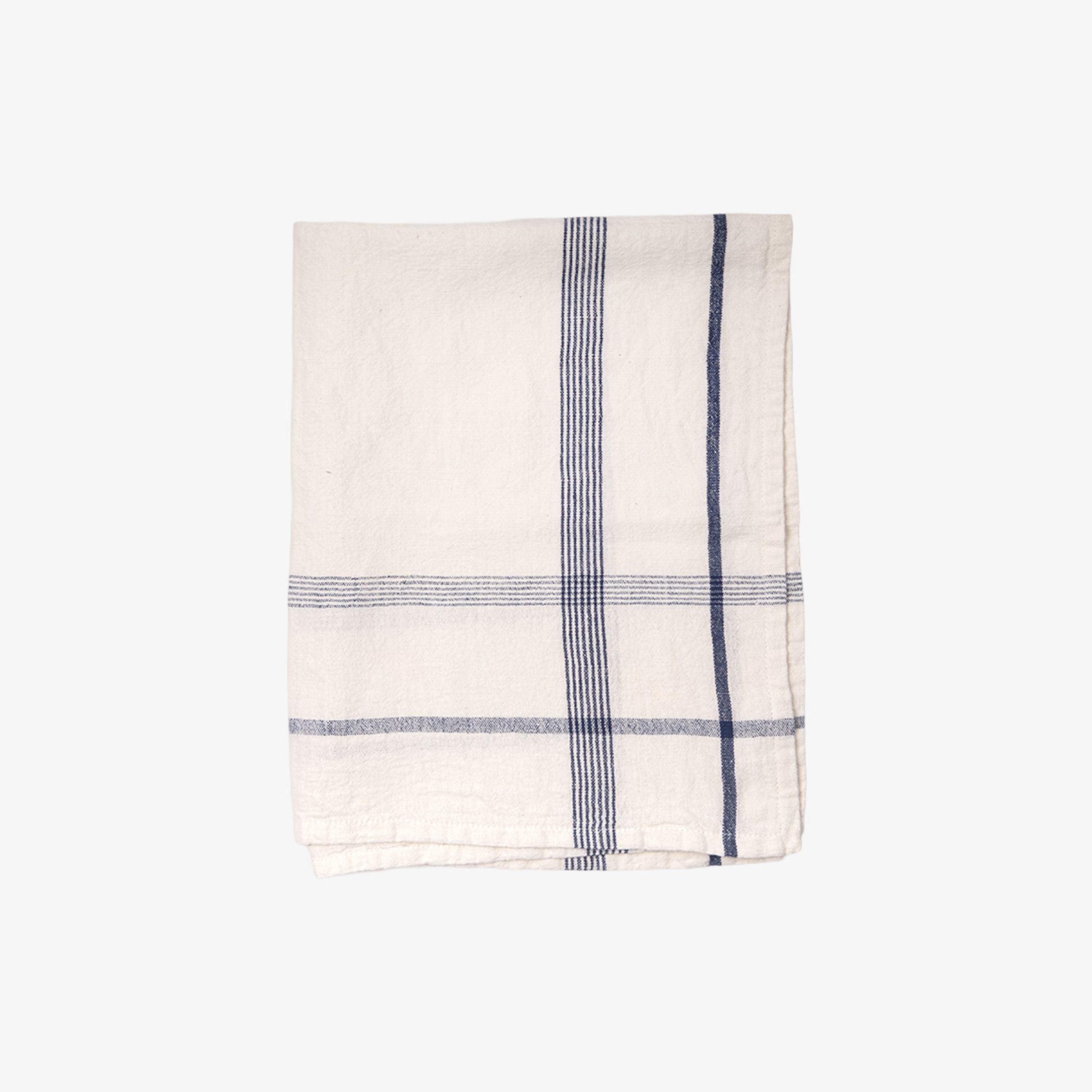 French Country Plaid Cotton Linen Marine Blue Tea Towel