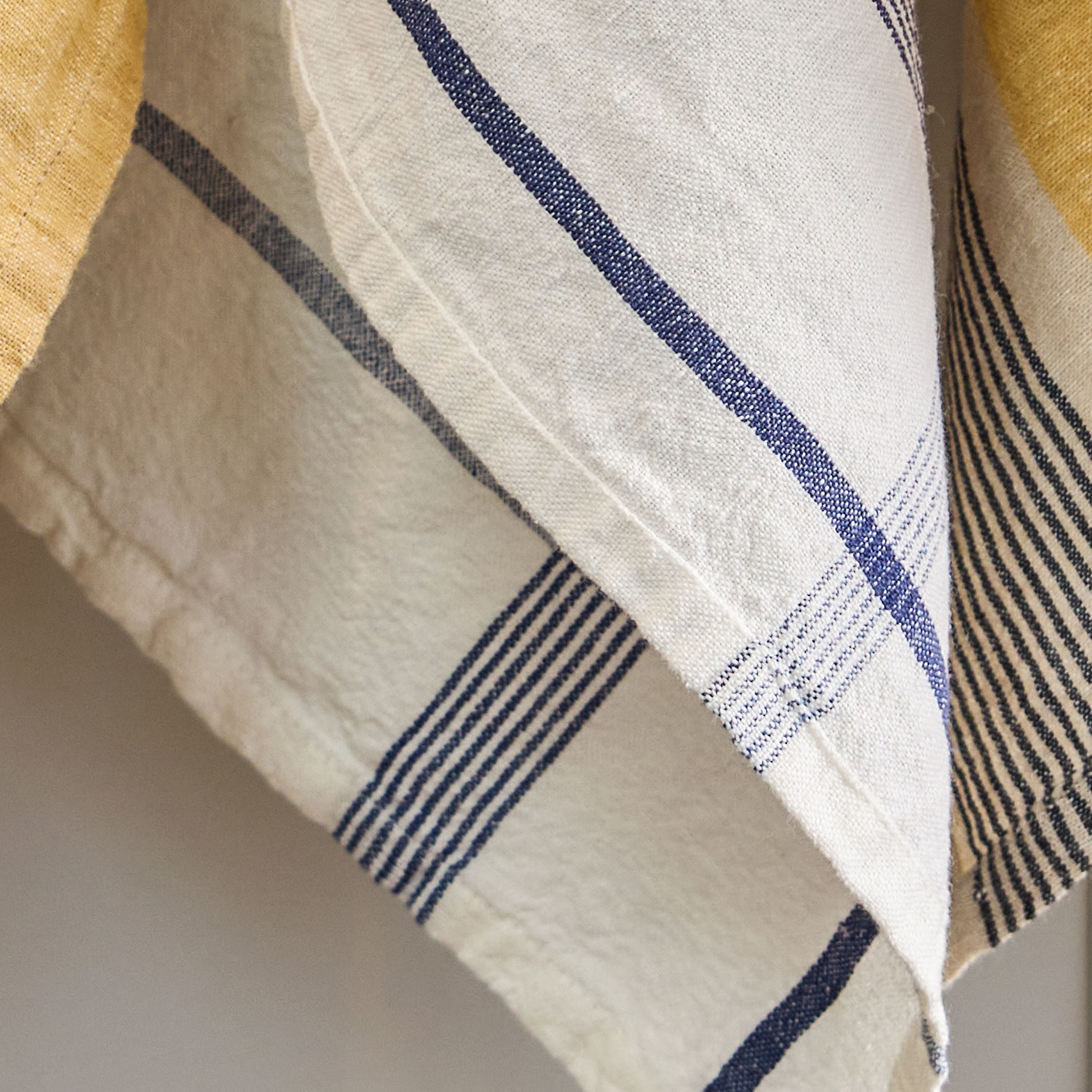 French Country Plaid Cotton Linen Marine Blue Tea Towel