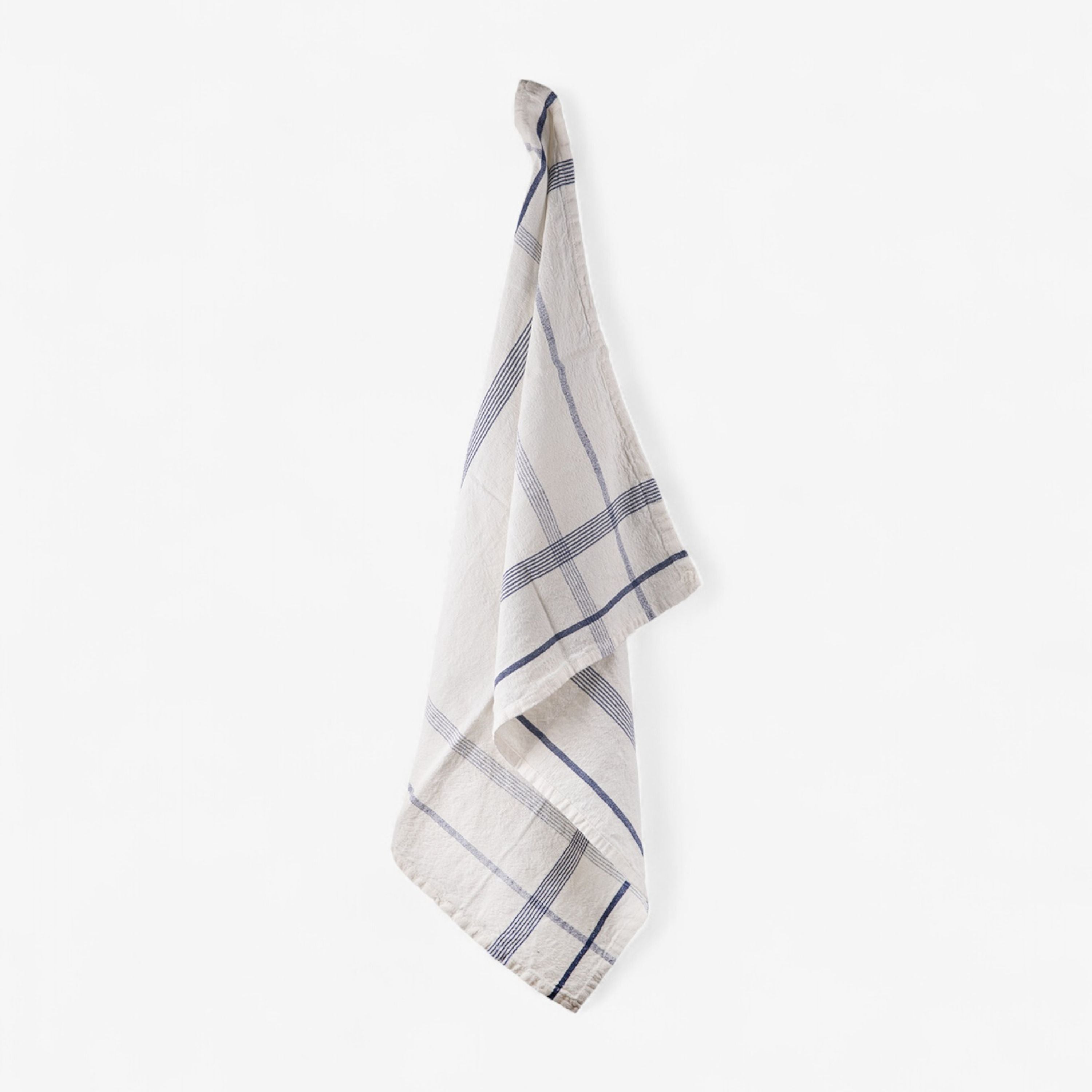 French Country Plaid Cotton Linen Marine Blue Tea Towel