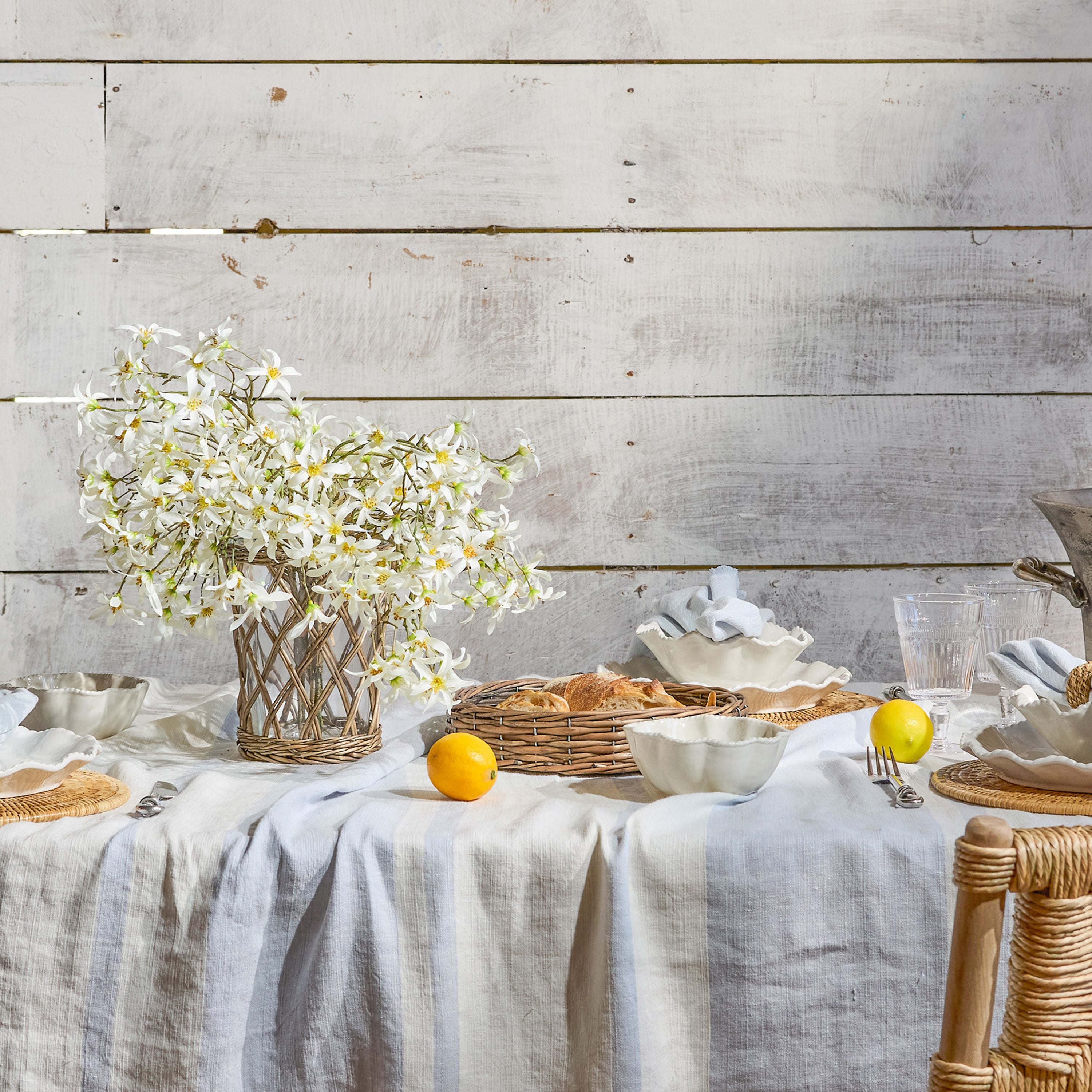French Country Stripe Linen Tablecloth Pale Blue Large