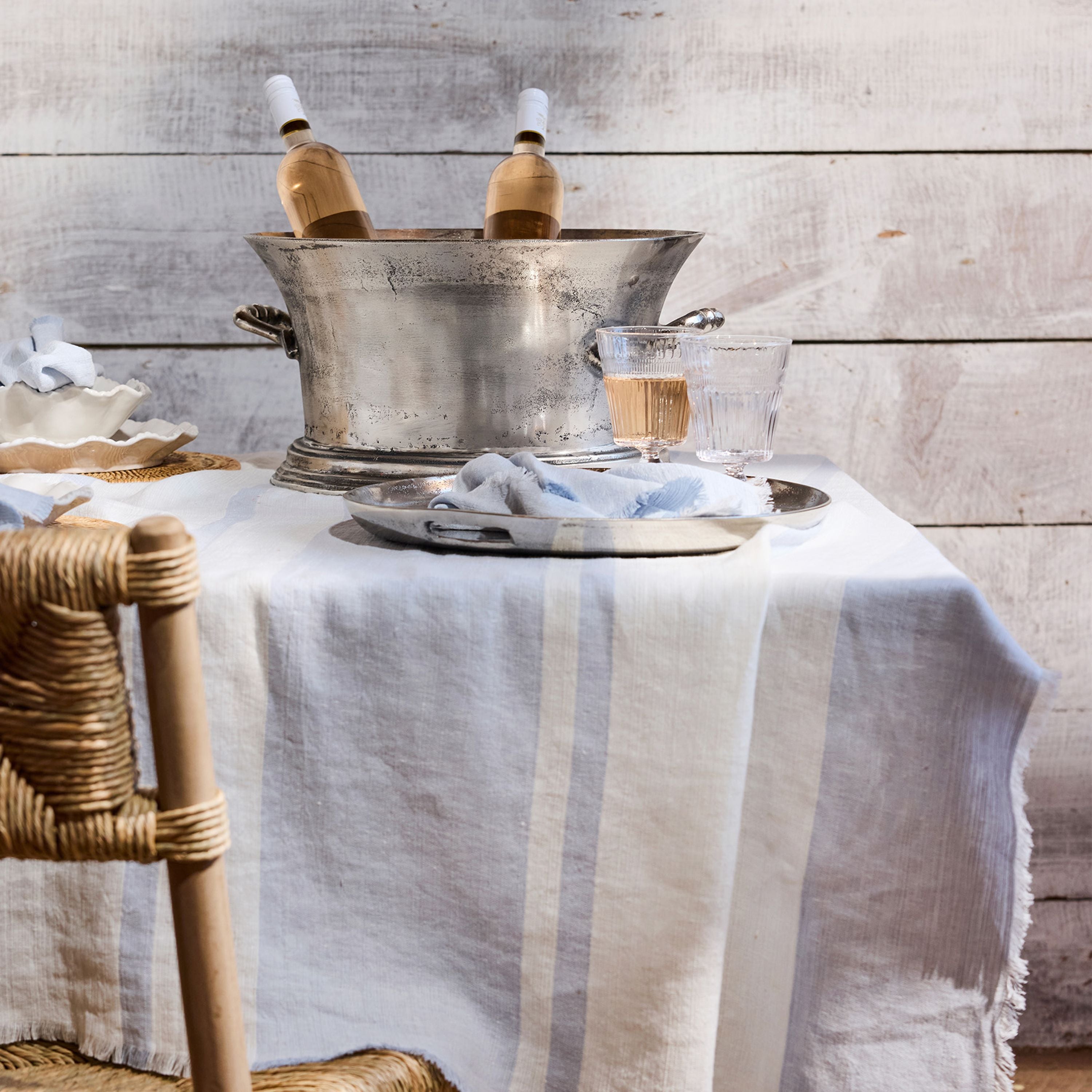 French Country Stripe Linen Tablecloth Pale Blue Small