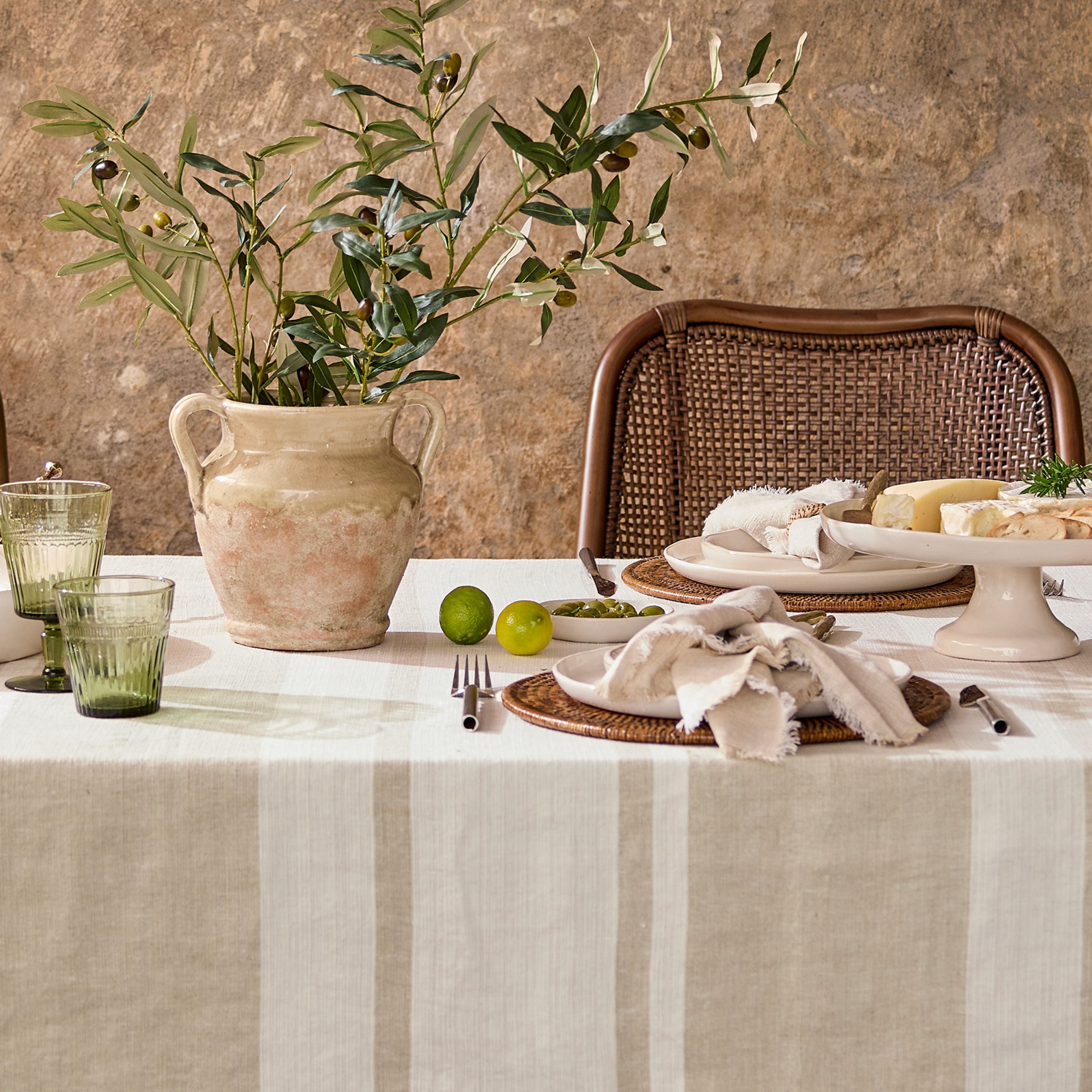 French Country Stripe Linen Tablecloth Stone Small