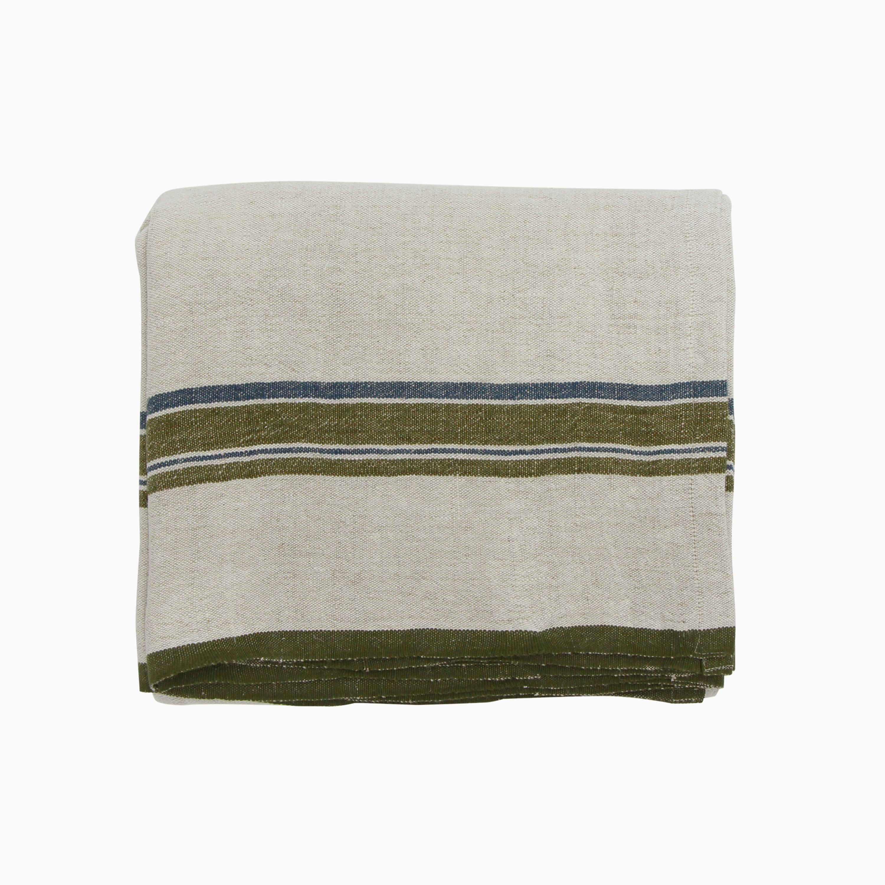 French Country Green Selvedge Stripe Linen Tablecloth Small