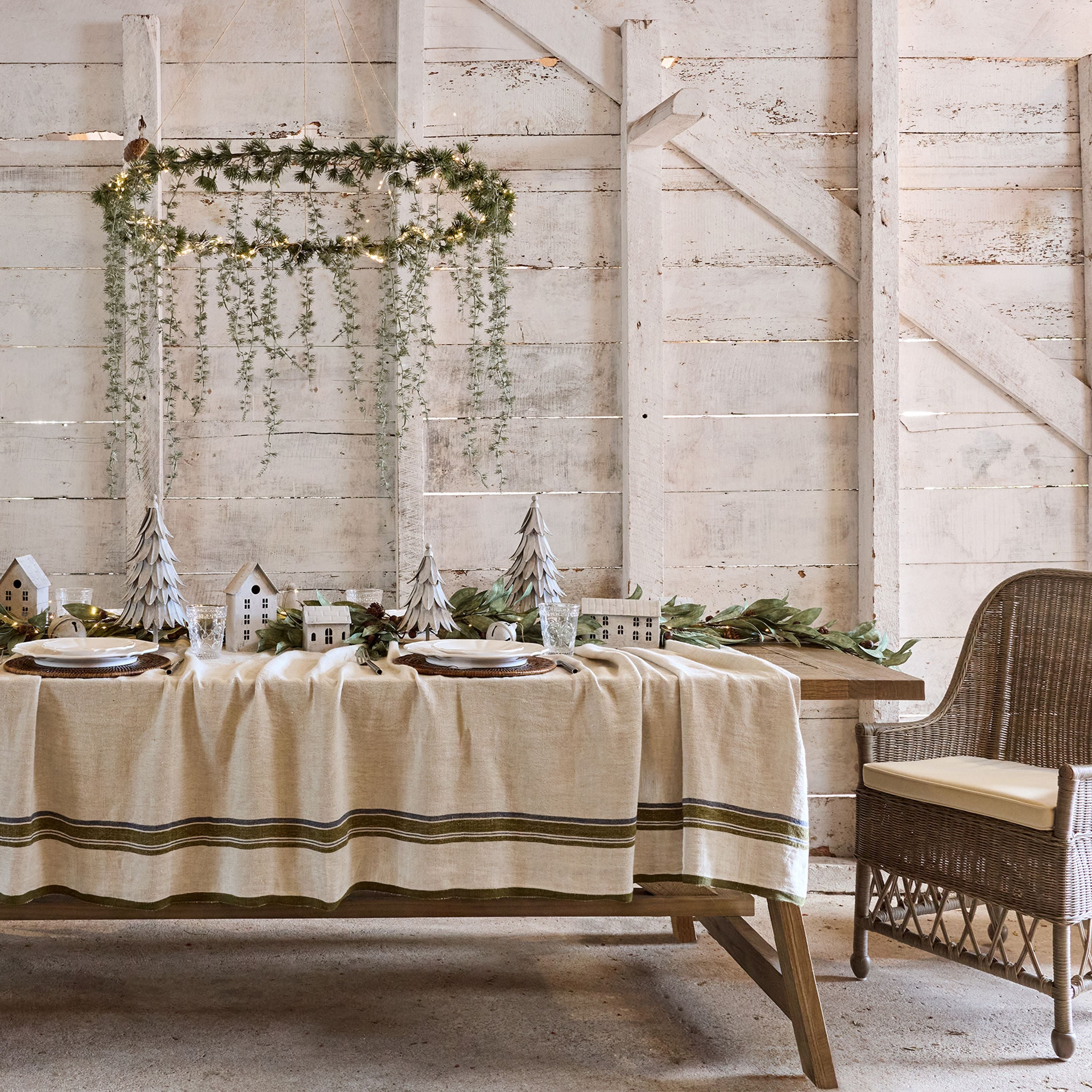 French Country Green Selvedge Stripe Linen Tablecloth Small