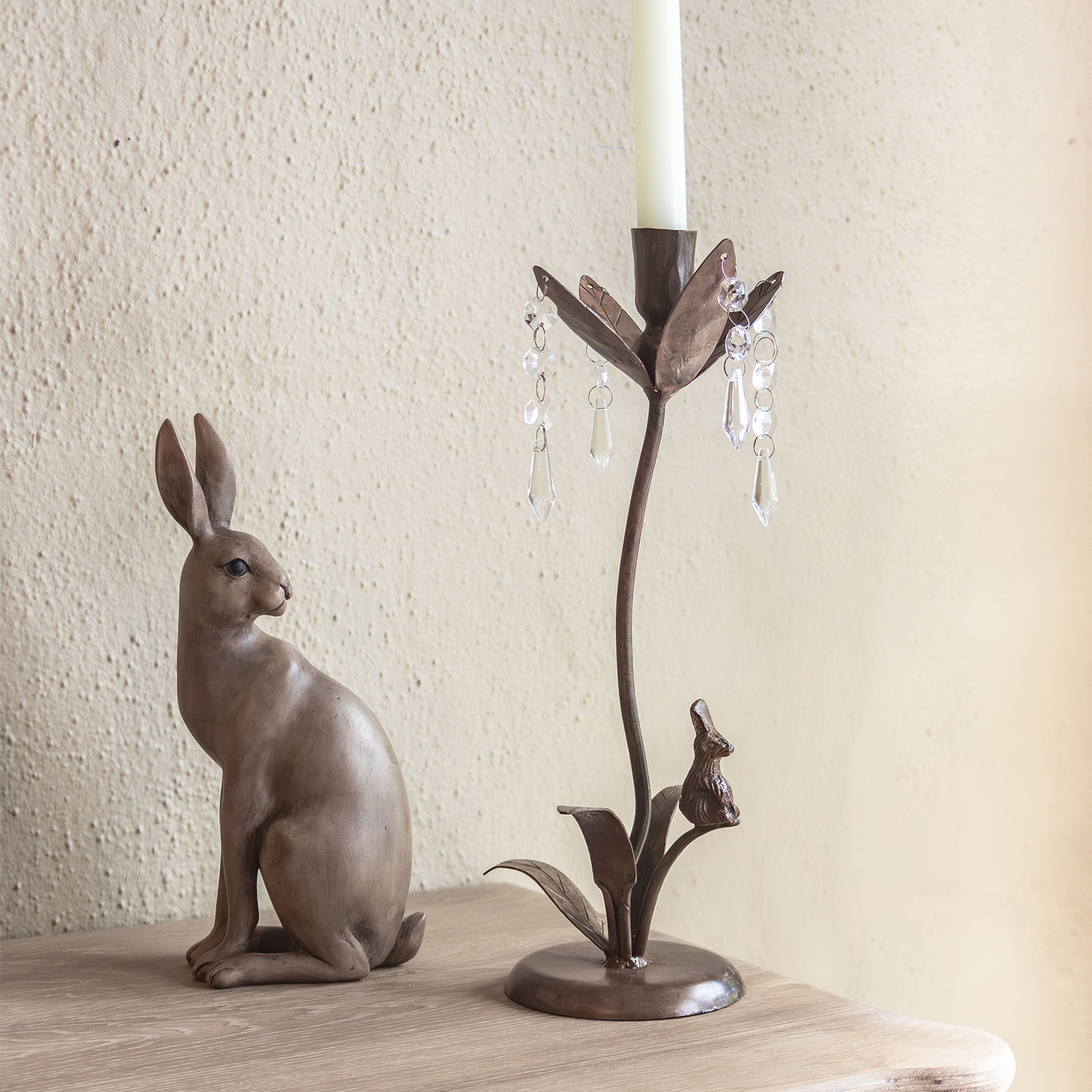 French Country Rabbit & Crystal Candle Holder Tall