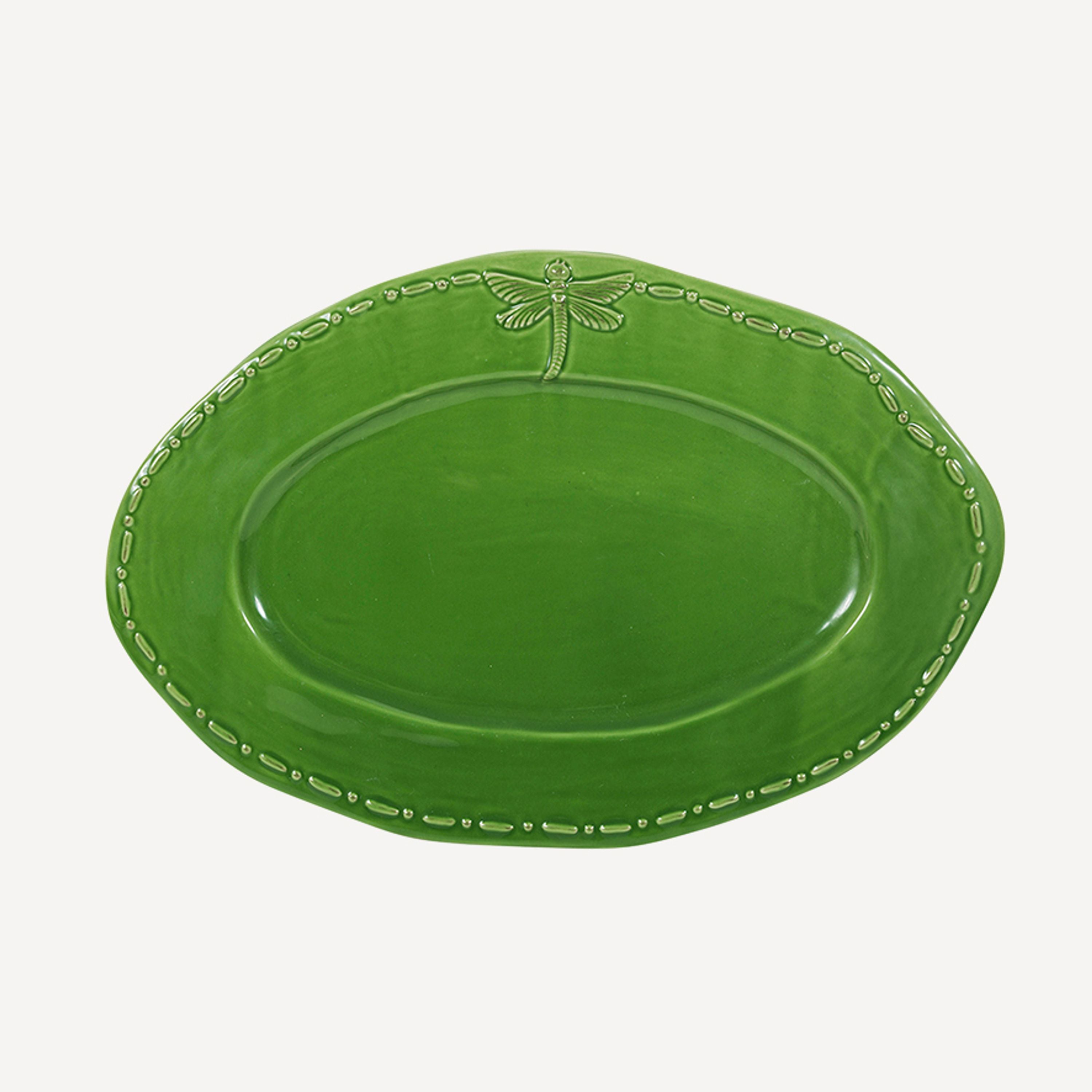 French Country Dragonfly Stoneware Green Oval Platter Small