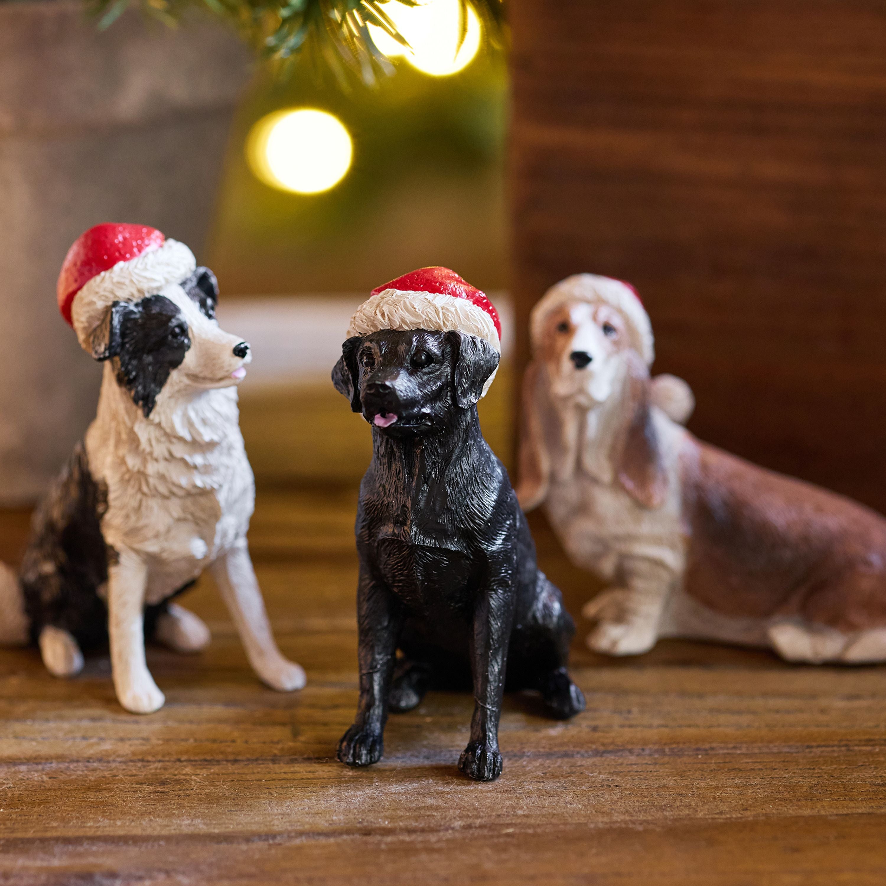 French Country Black Dog with Santa Hat