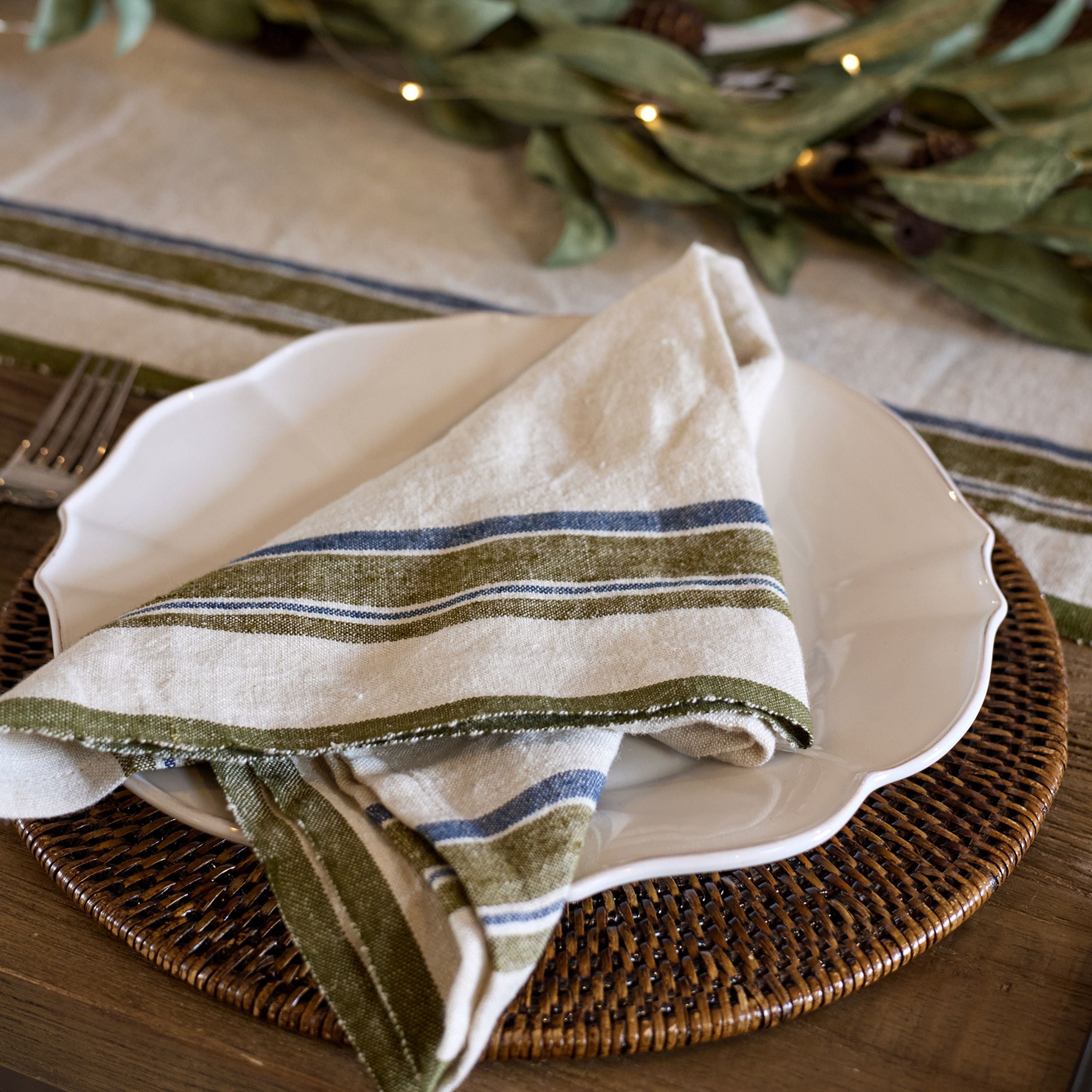 French Country Green Selvedge Stripe Linen Napkin